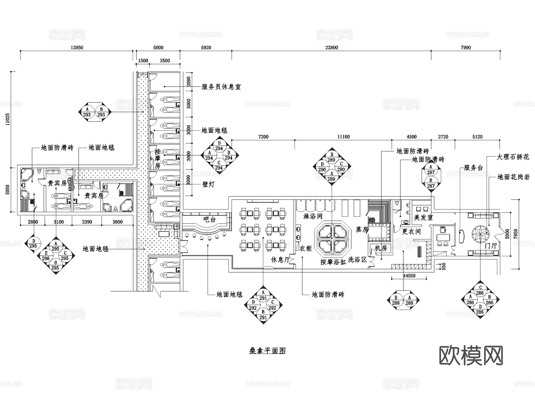 桑拿洗浴室内装饰CAD施工图集 4套cad施工图