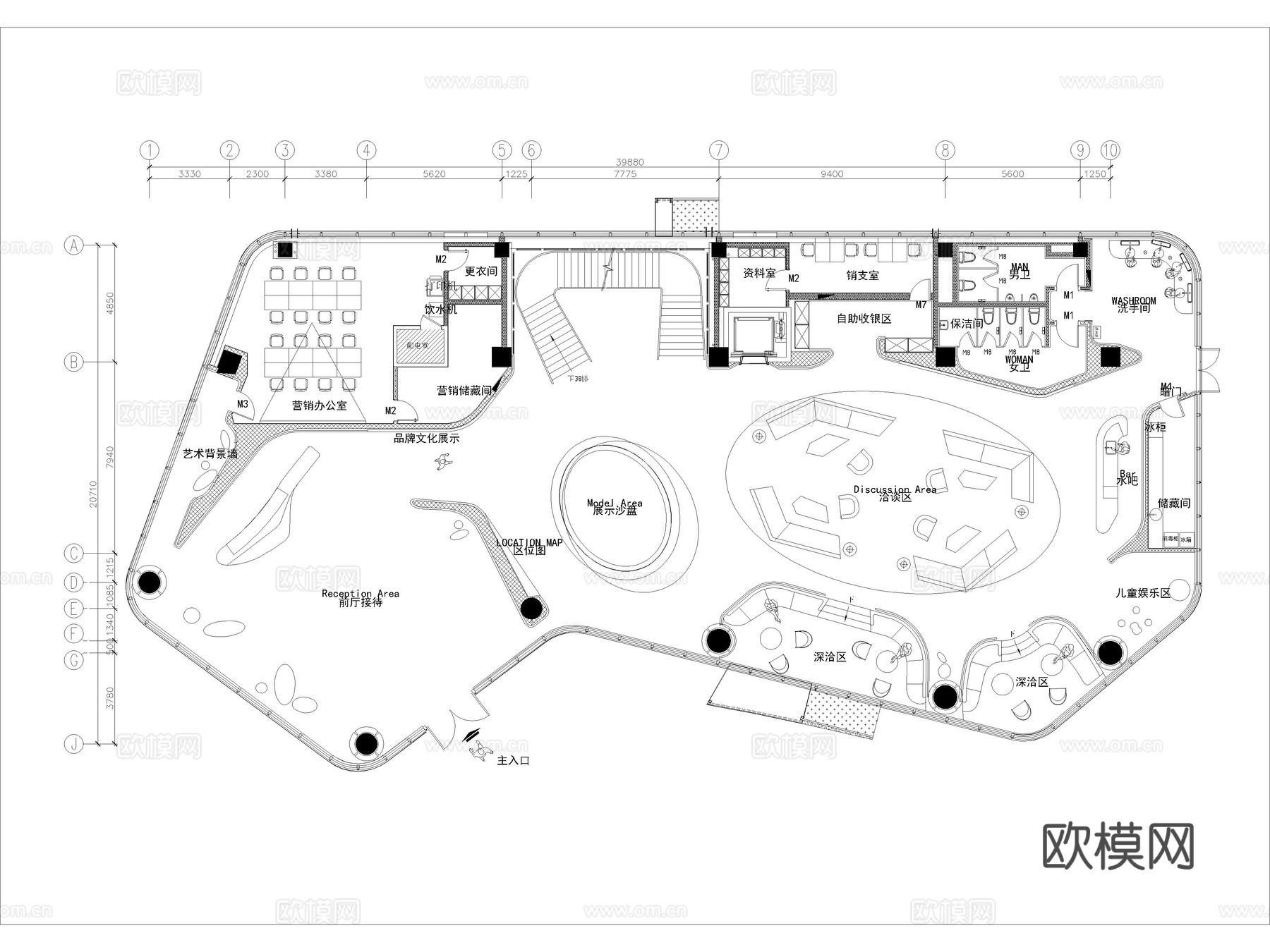20套售楼部售楼处售楼营销中心CAD平面图cad施工图下载（渲染图3）