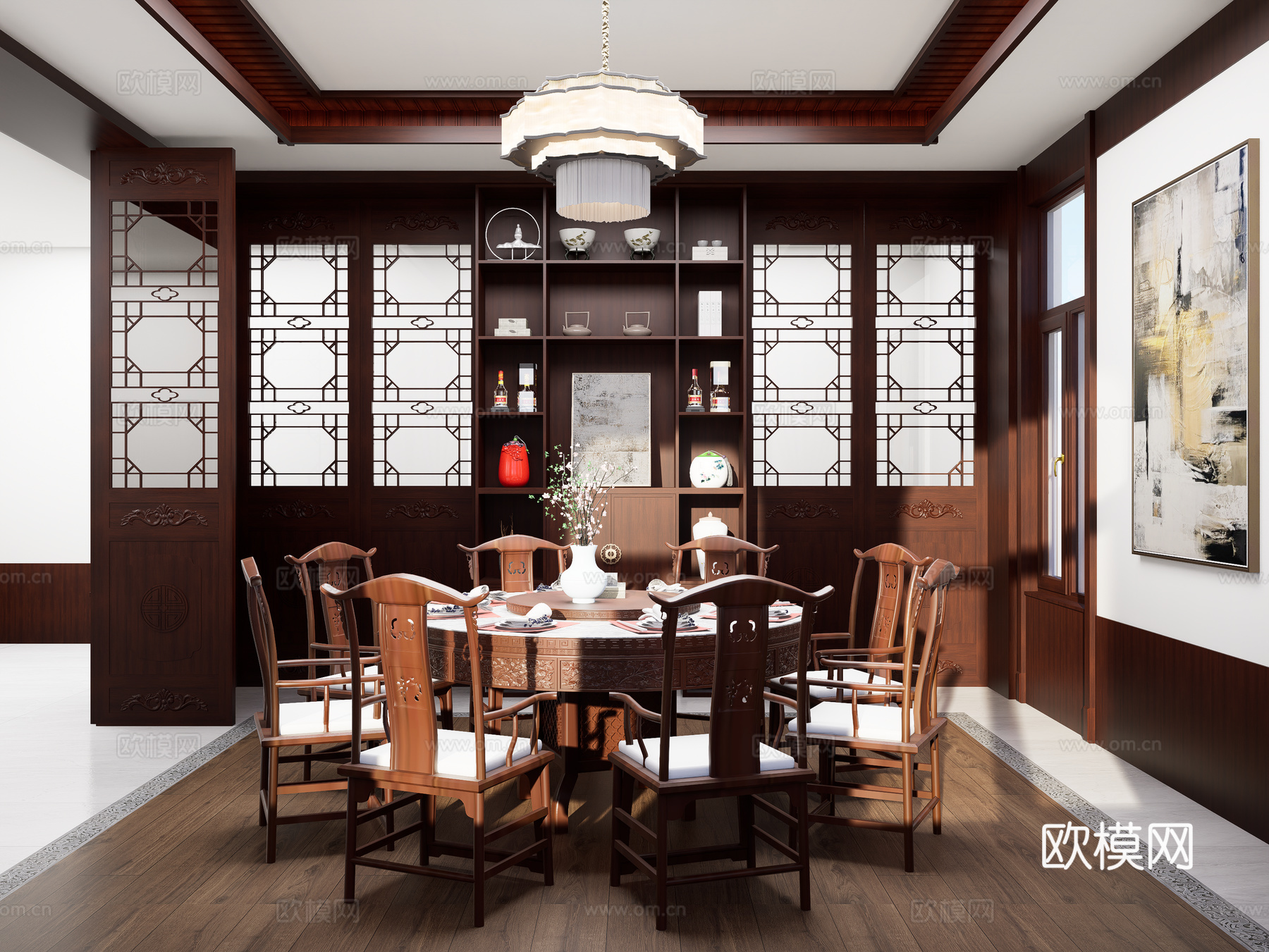 新中式家居餐厅 新中式圆形餐桌椅 中式餐边柜 新中式隔断3d模型下载（渲染图1）