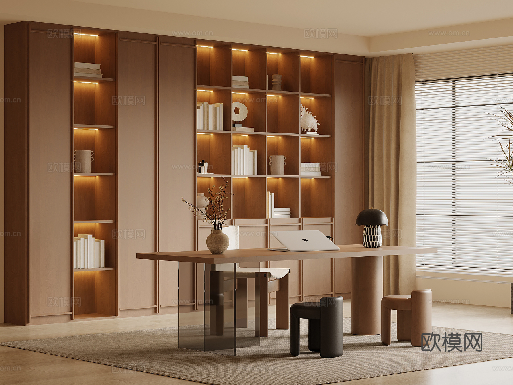 中古风书房 书柜 书桌椅3d模型下载