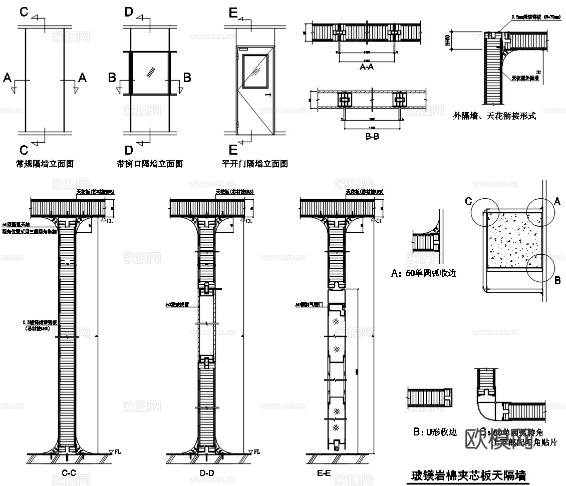 玻镁岩棉夹芯板隔墙、玻镁岩棉洁净板、彩涂钢板隔墙、玻镁彩钢板cad施工图