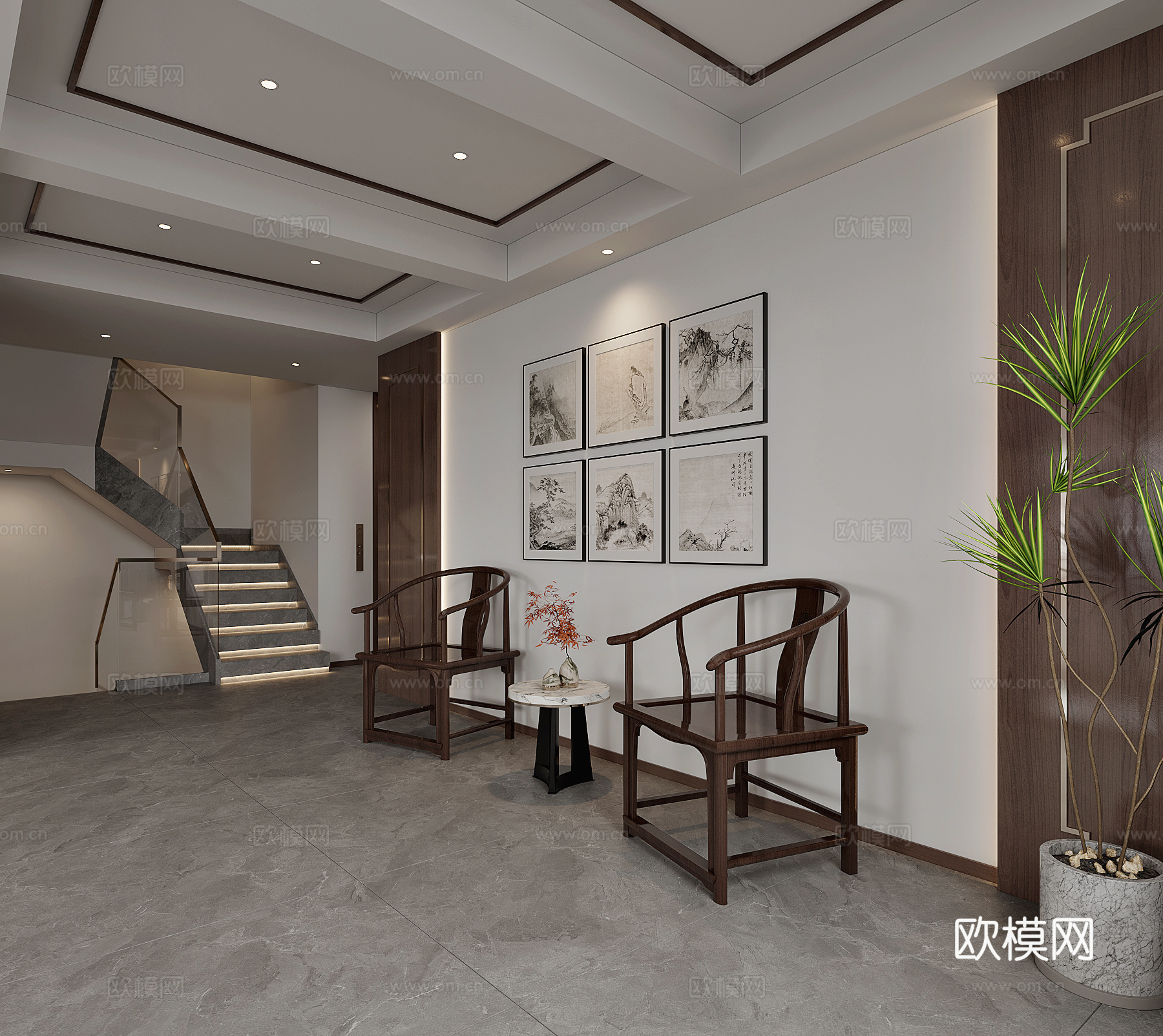 新中式楼梯间3d模型下载