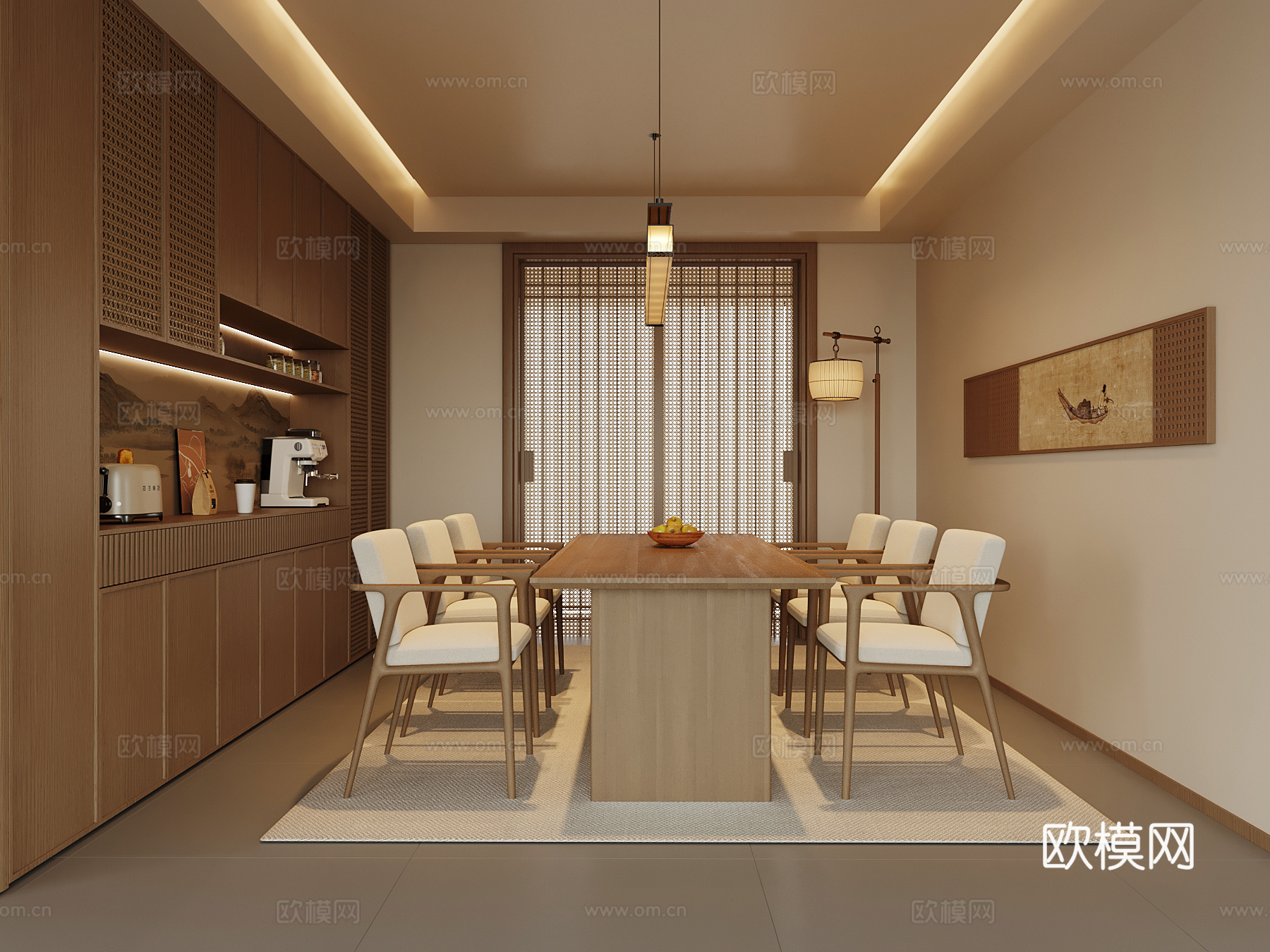 新中式餐厅 餐桌椅 酒柜3d模型下载