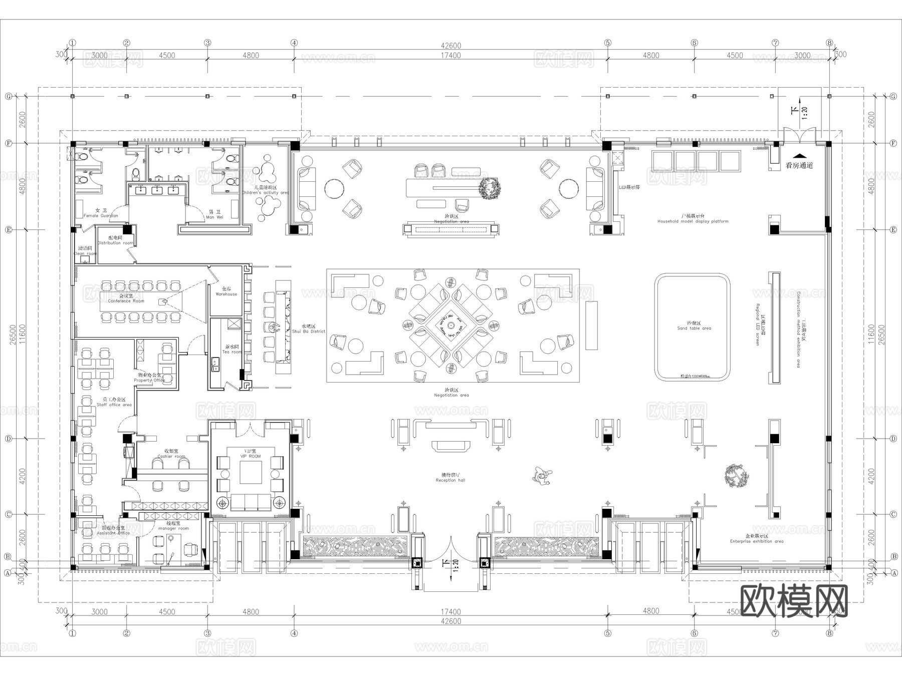 20套售楼部售楼处售楼营销中心CAD平面图cad施工图下载（渲染图2）