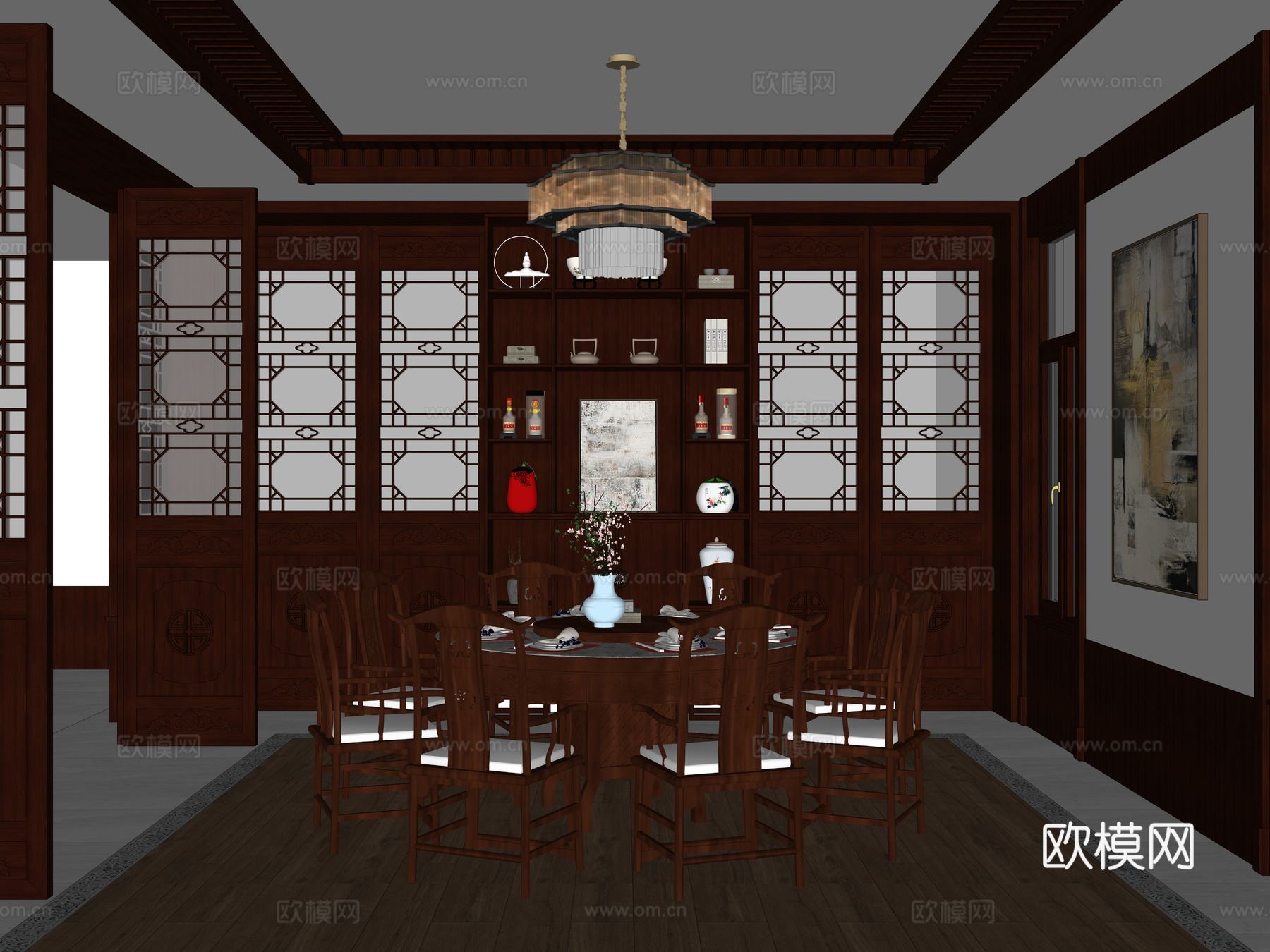 新中式家居餐厅 新中式圆形餐桌椅 中式餐边柜 新中式隔断=su模型