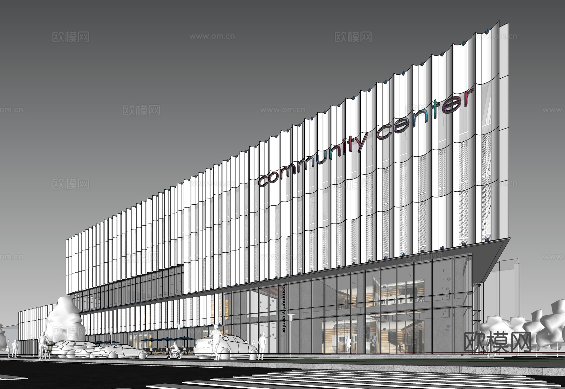 现代社区活动中心建筑 社区服务中心 办公建筑su模型