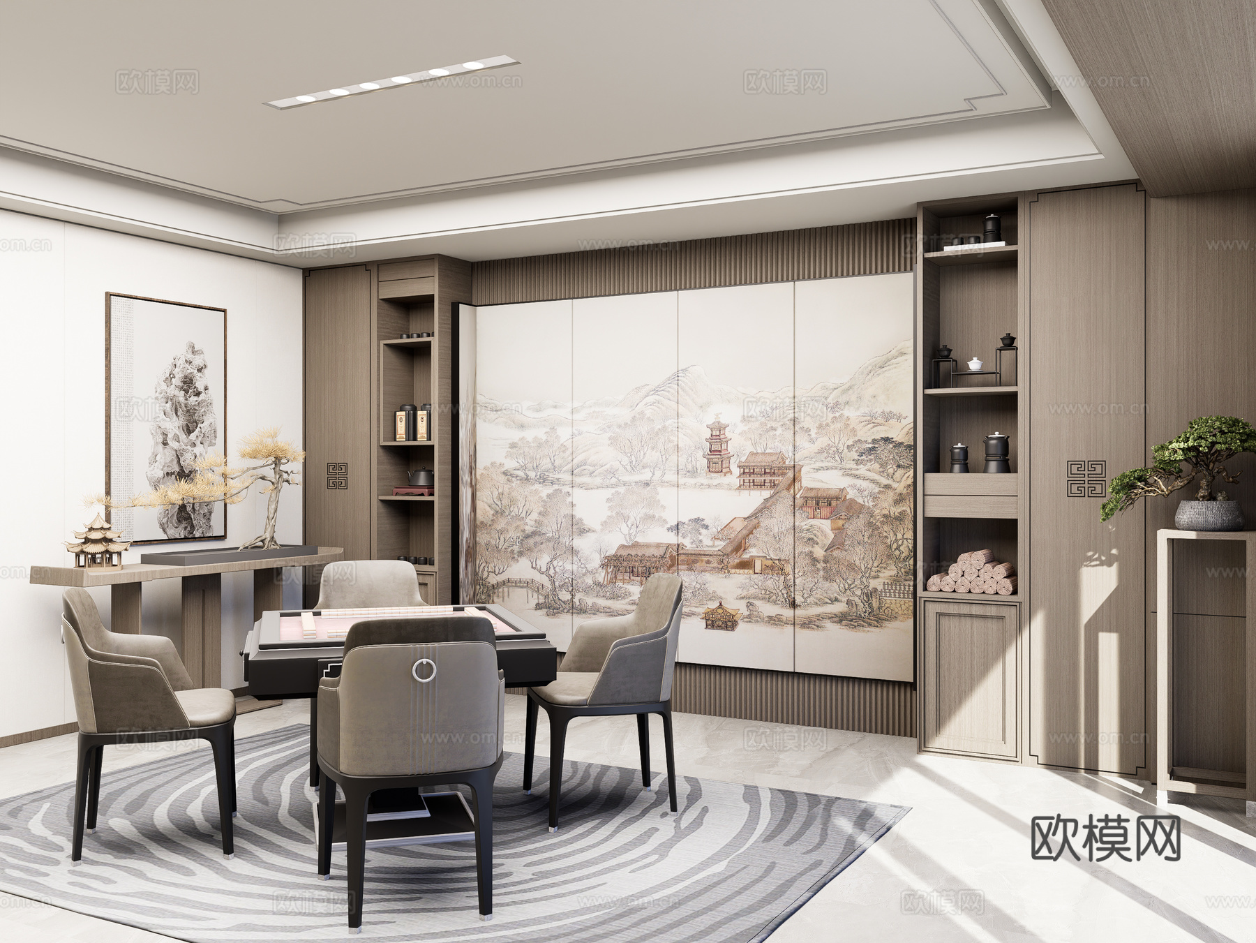 新中式麻将室 新中式棋牌室 家装麻将房 麻将桌 中式摆件3d模型下载（渲染图2）