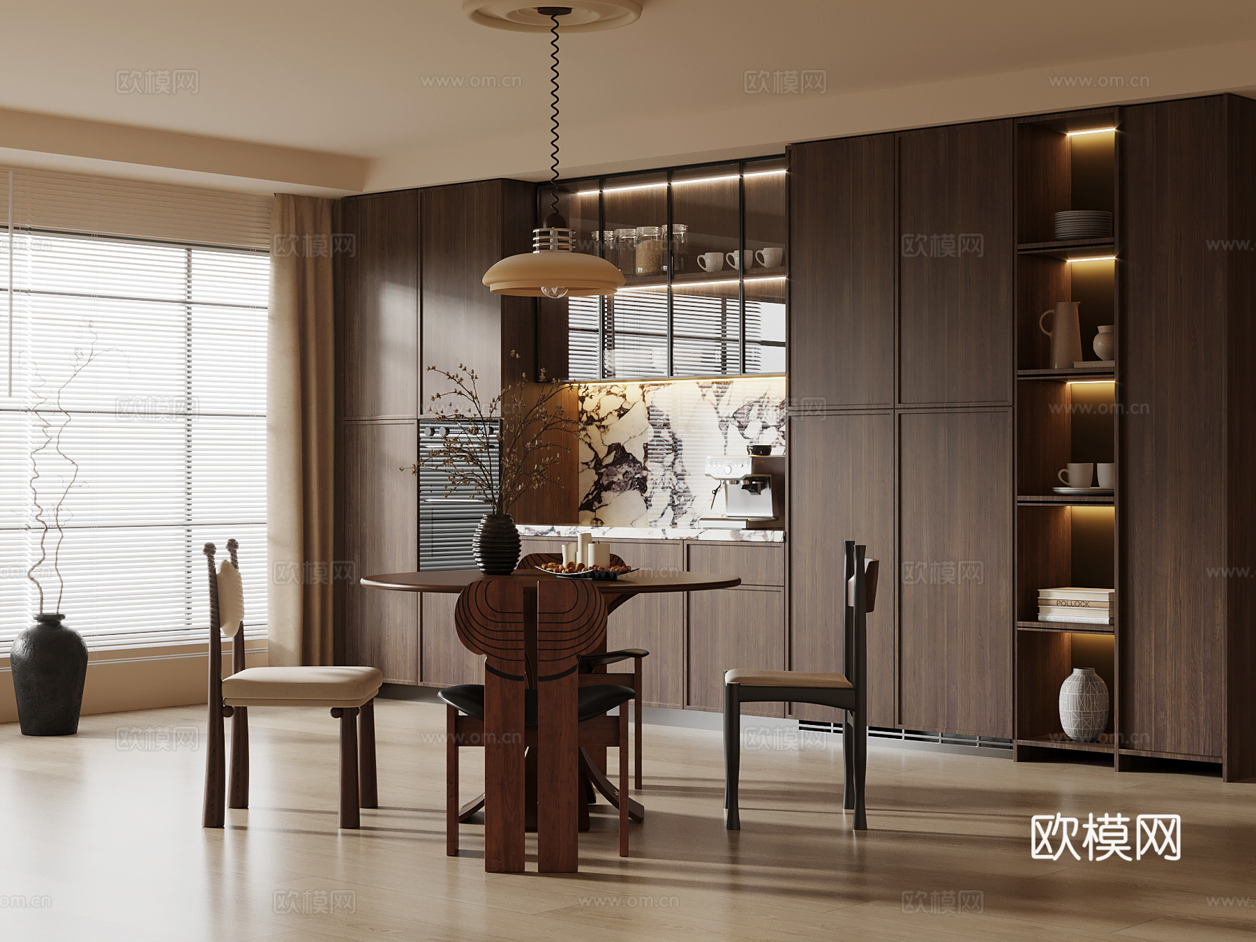 中古风餐厅 餐桌椅 酒柜3d模型下载