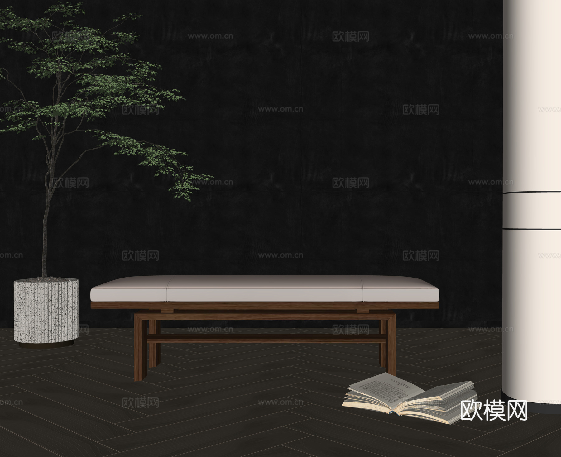 中古复古床尾凳 中古 实木 布艺su模型