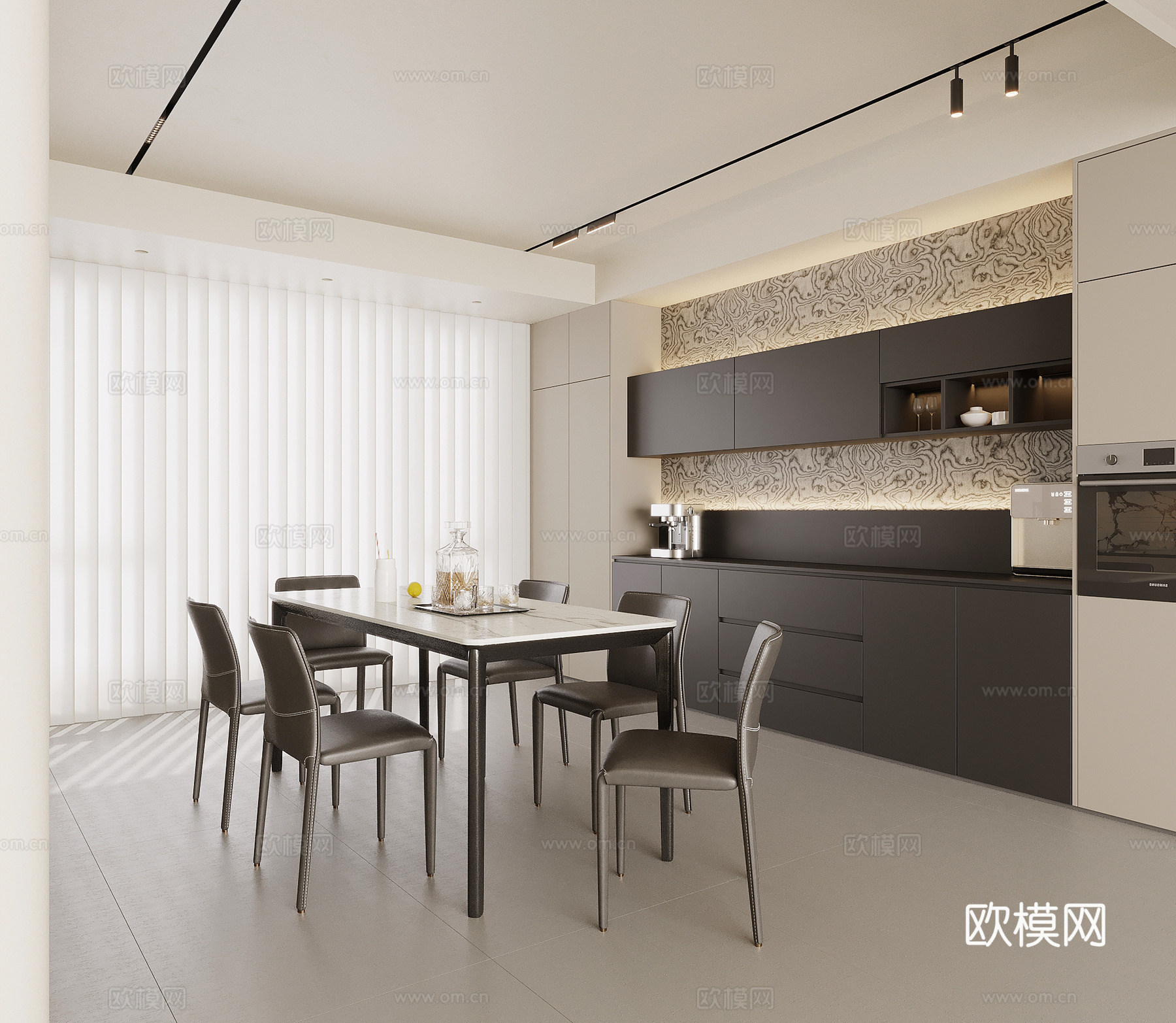 现代意式餐厅 酒柜 餐桌椅su模型