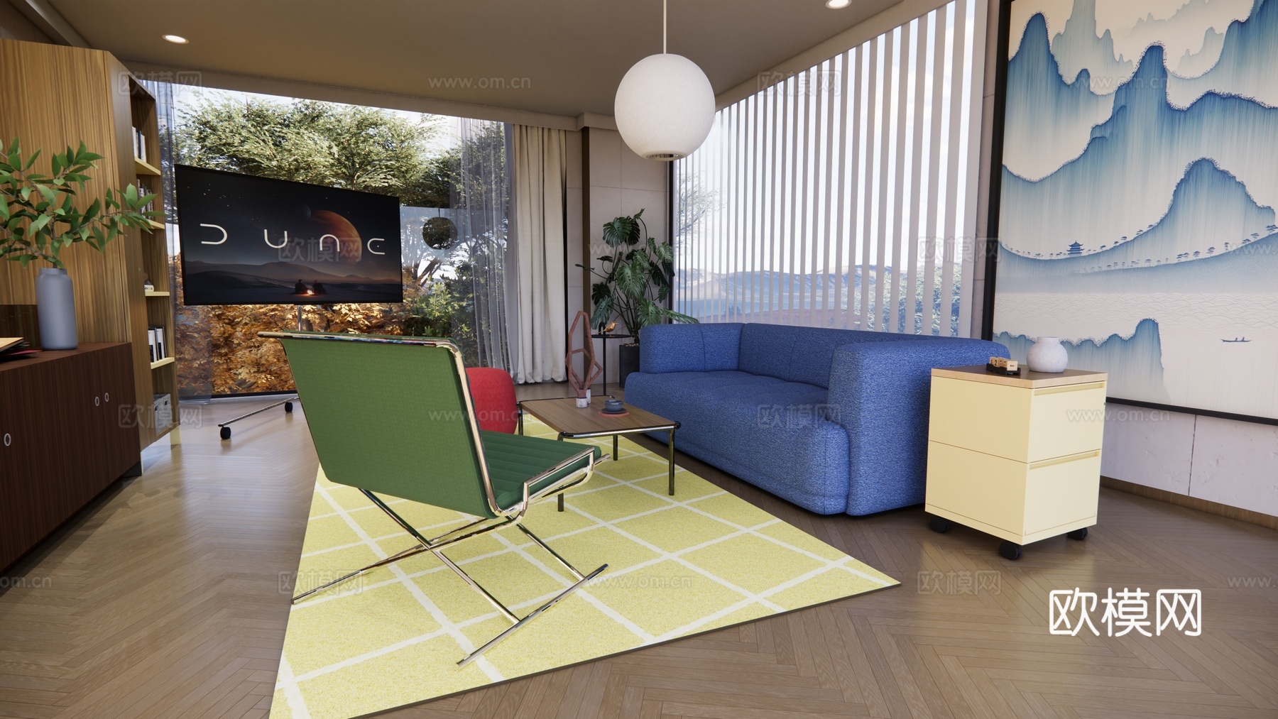 充满生活气息的设计 简约与功能性融合，丰富的色彩搭配客厅空间su模型