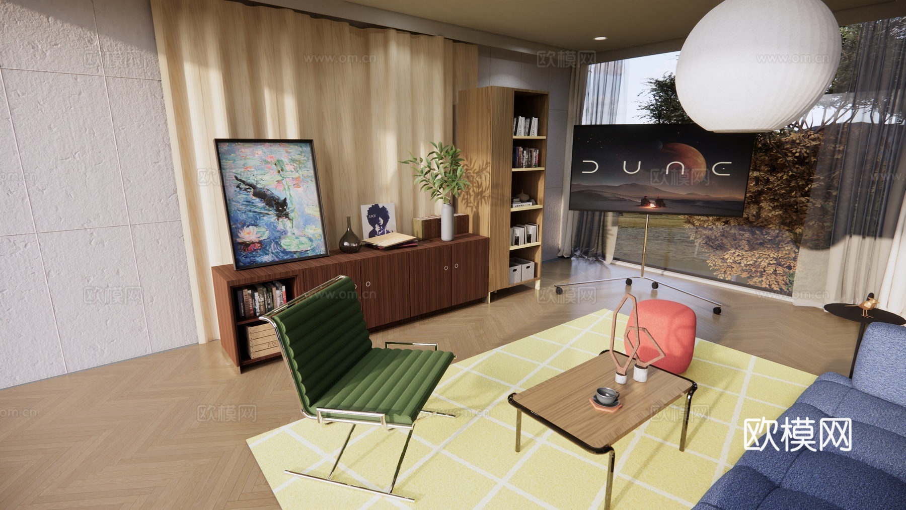 充满生活气息的设计 简约与功能性融合，丰富的色彩搭配客厅空间su模型