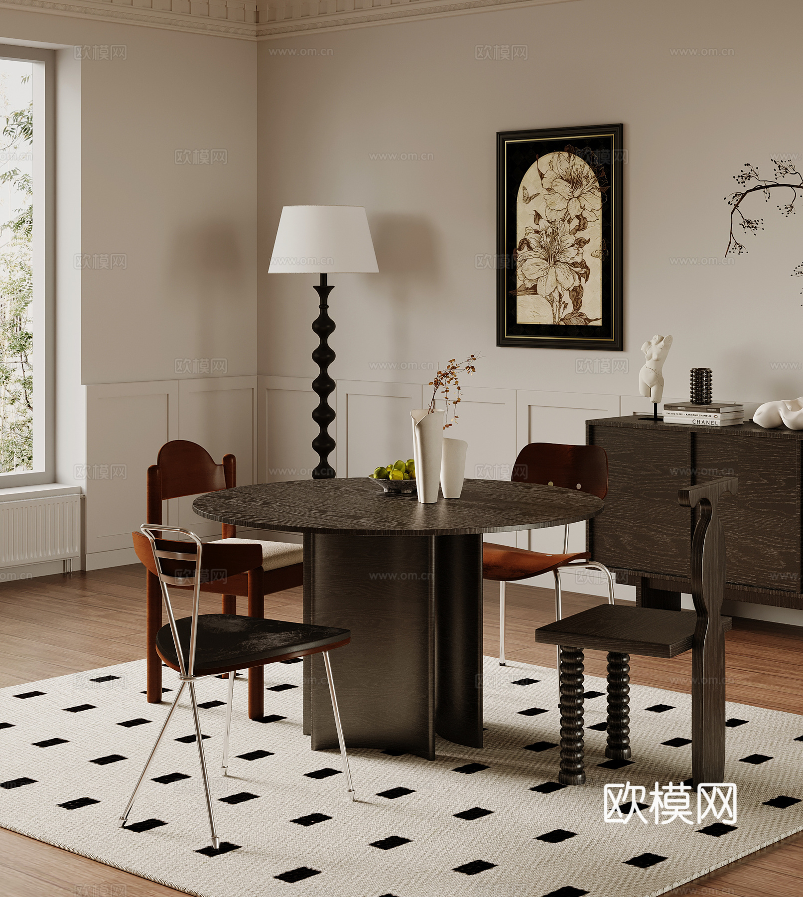 中古风茶台 餐桌椅 落地灯su模型