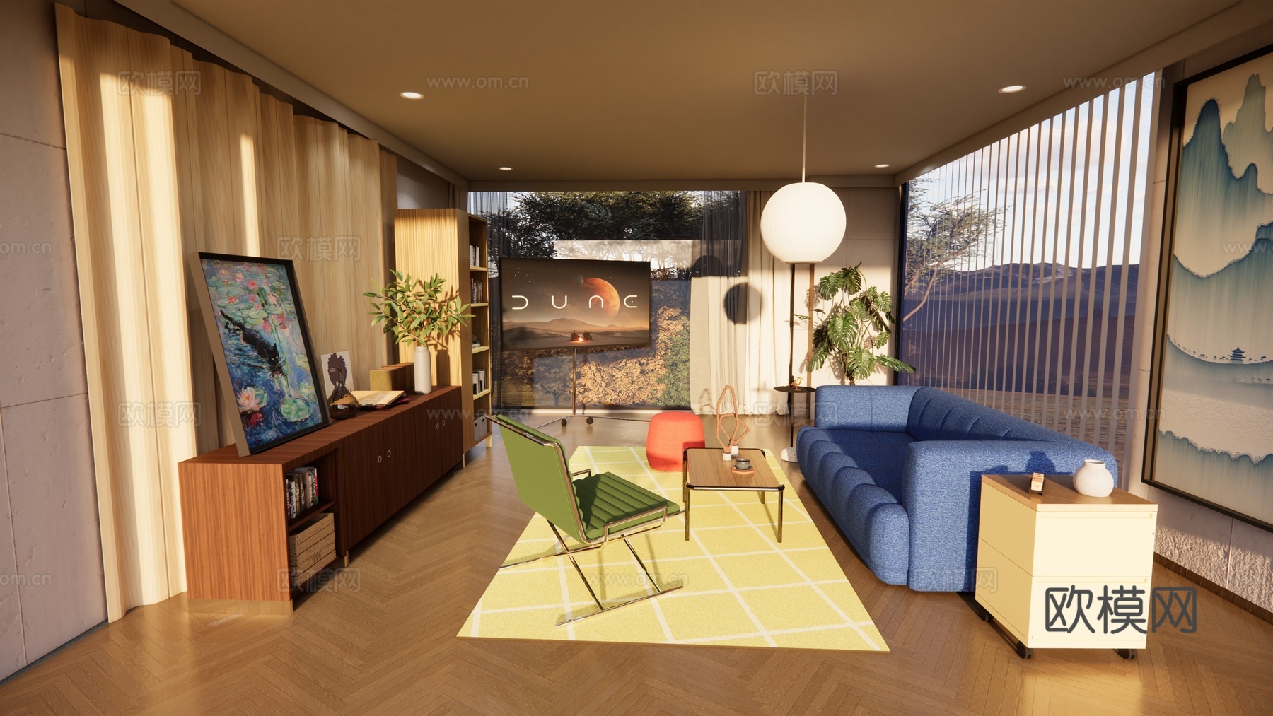 充满生活气息的设计 简约与功能性融合，丰富的色彩搭配客厅空间su模型