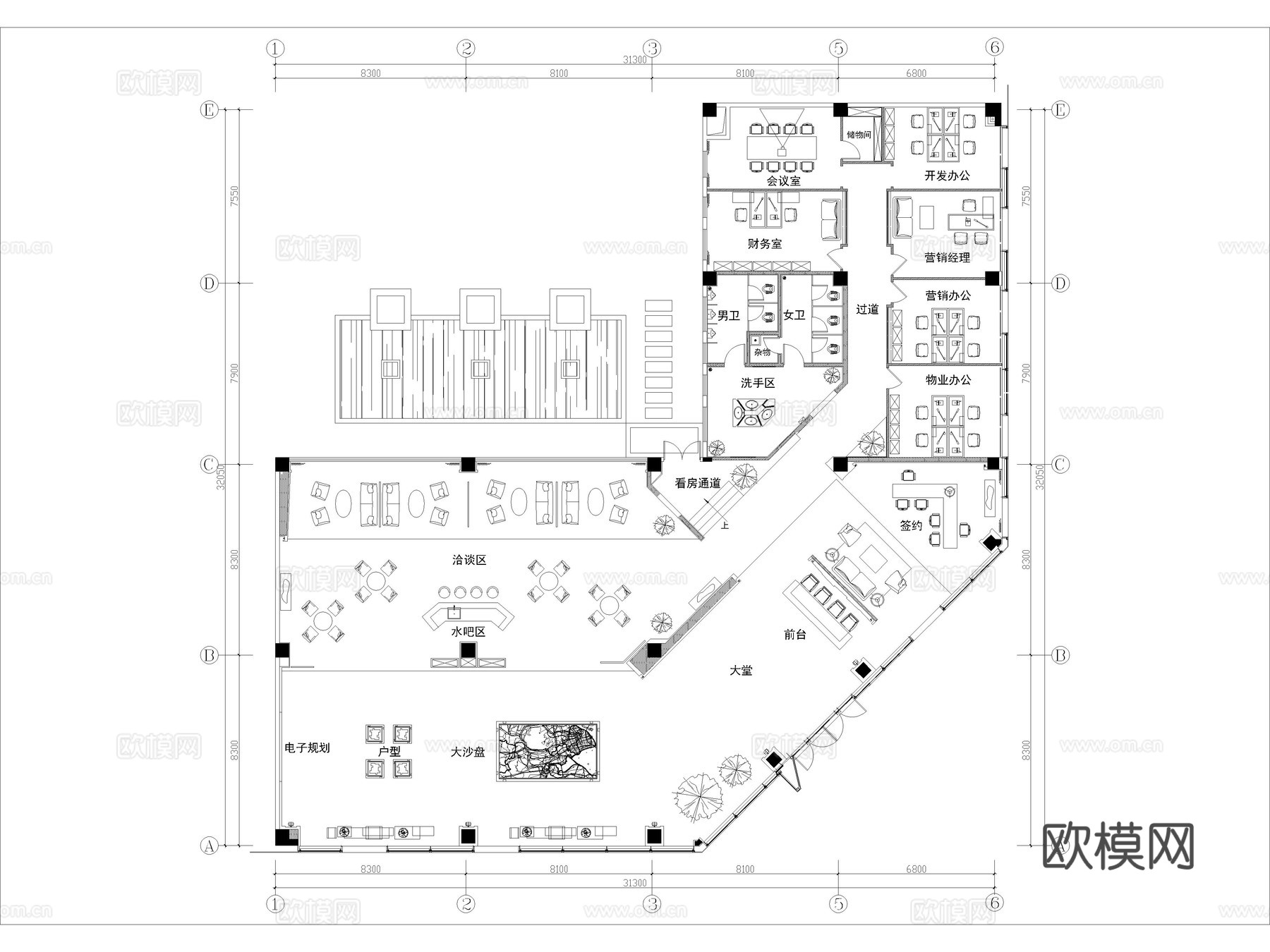 20套售楼部售楼处售楼营销中心CAD平面图cad施工图下载（渲染图6）