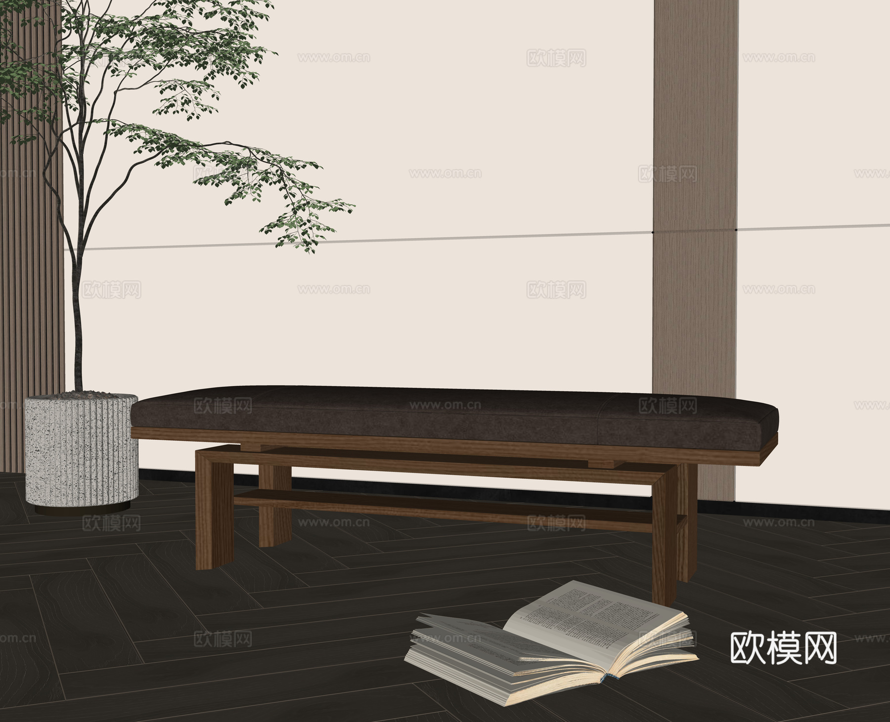 中古复古床尾凳 中古床尾凳 长凳 实木长凳su模型