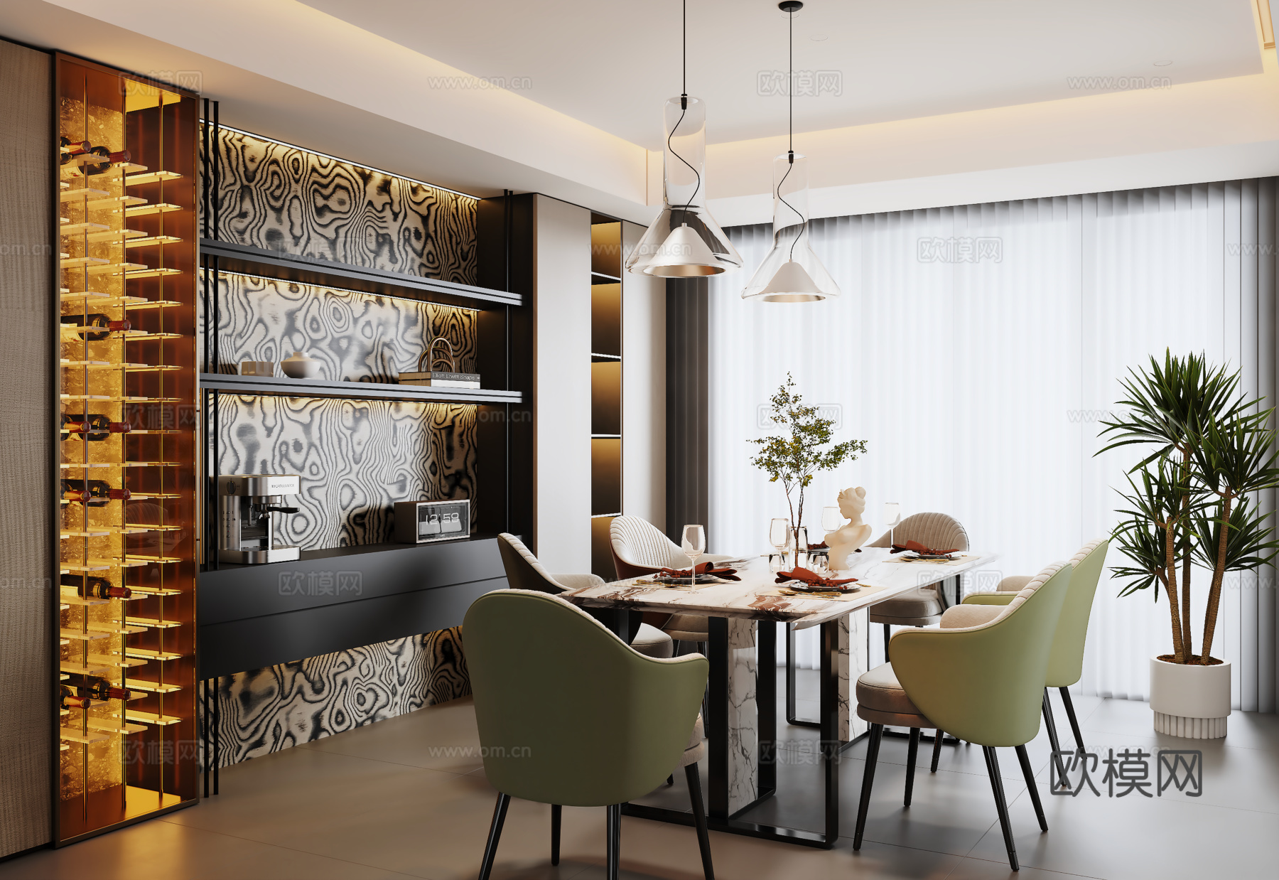 意式现代餐厅 餐边柜 餐桌椅 绿植盆栽 酒柜餐边柜su模型