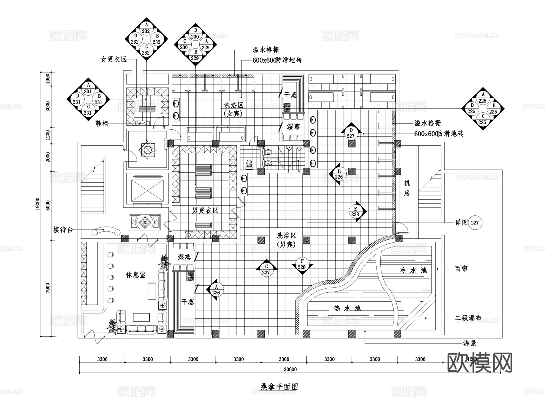 桑拿洗浴室内装饰CAD施工图集 4套cad施工图