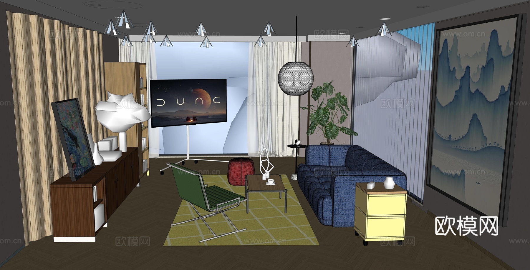 充满生活气息的设计 简约与功能性融合，丰富的色彩搭配客厅空间su模型