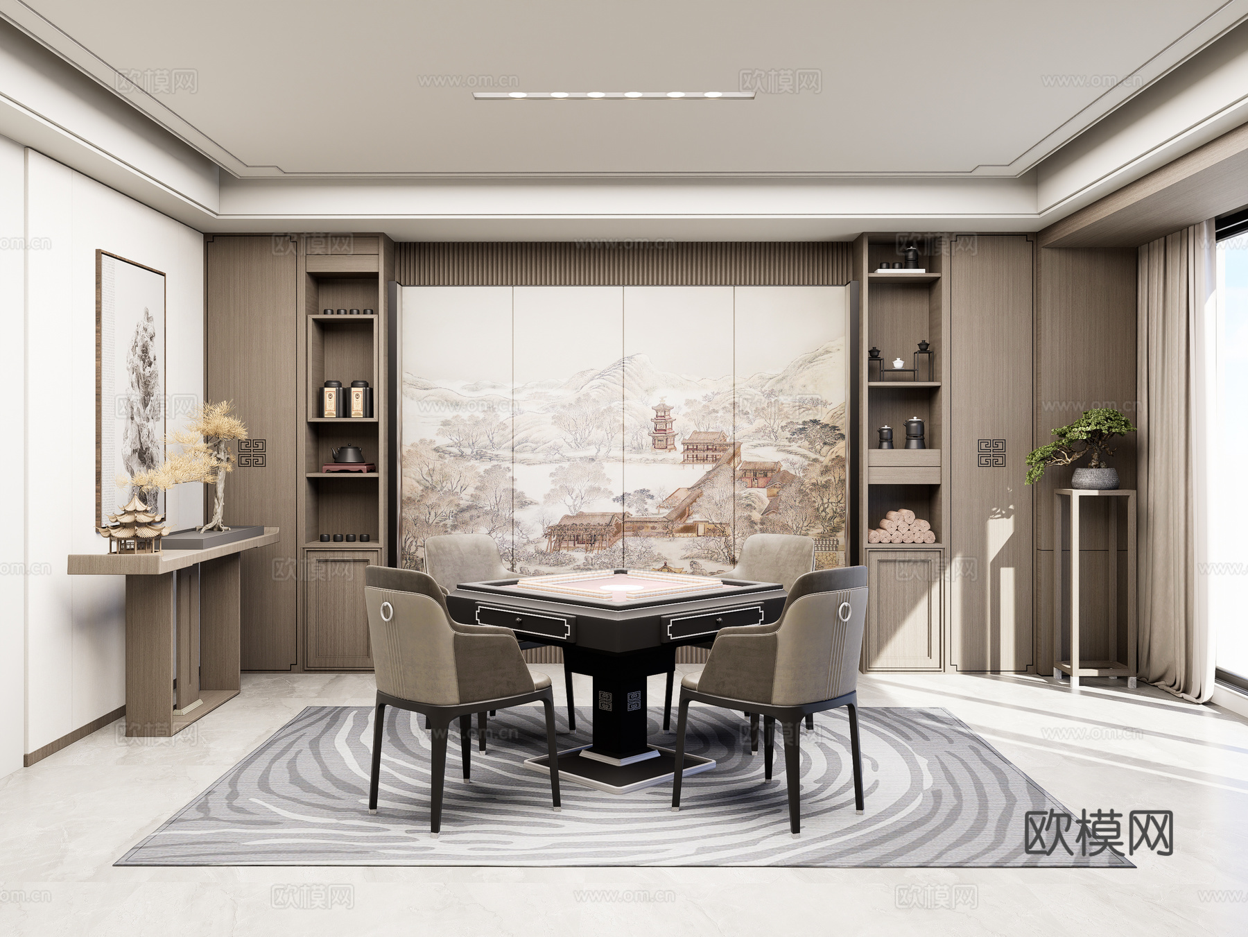 新中式麻将室 新中式棋牌室 家装麻将房 麻将桌 中式摆件3d模型下载（渲染图1）