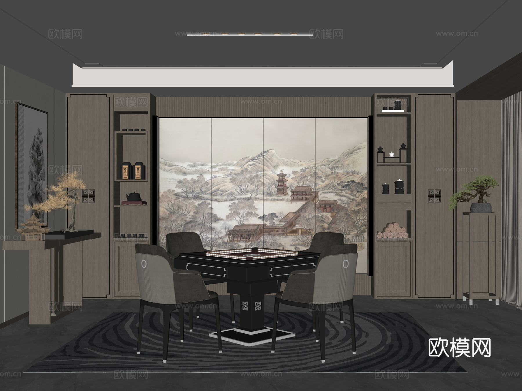 新中式麻将室 新中式棋牌室 家装麻将房 麻将桌 中式摆件3d模型下载（渲染图3）