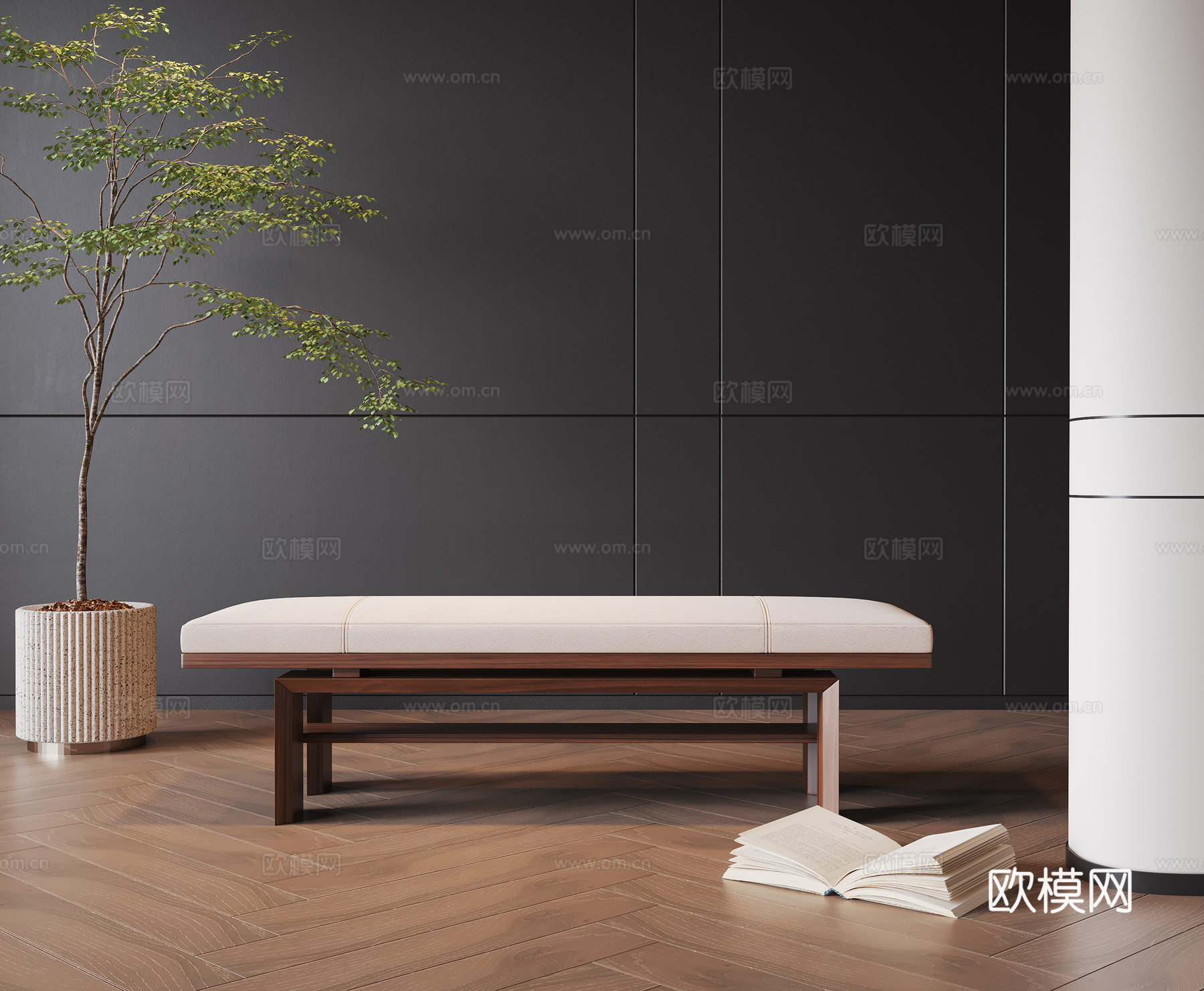 中古复古床尾凳 中古 实木 布艺免费3d模型下载