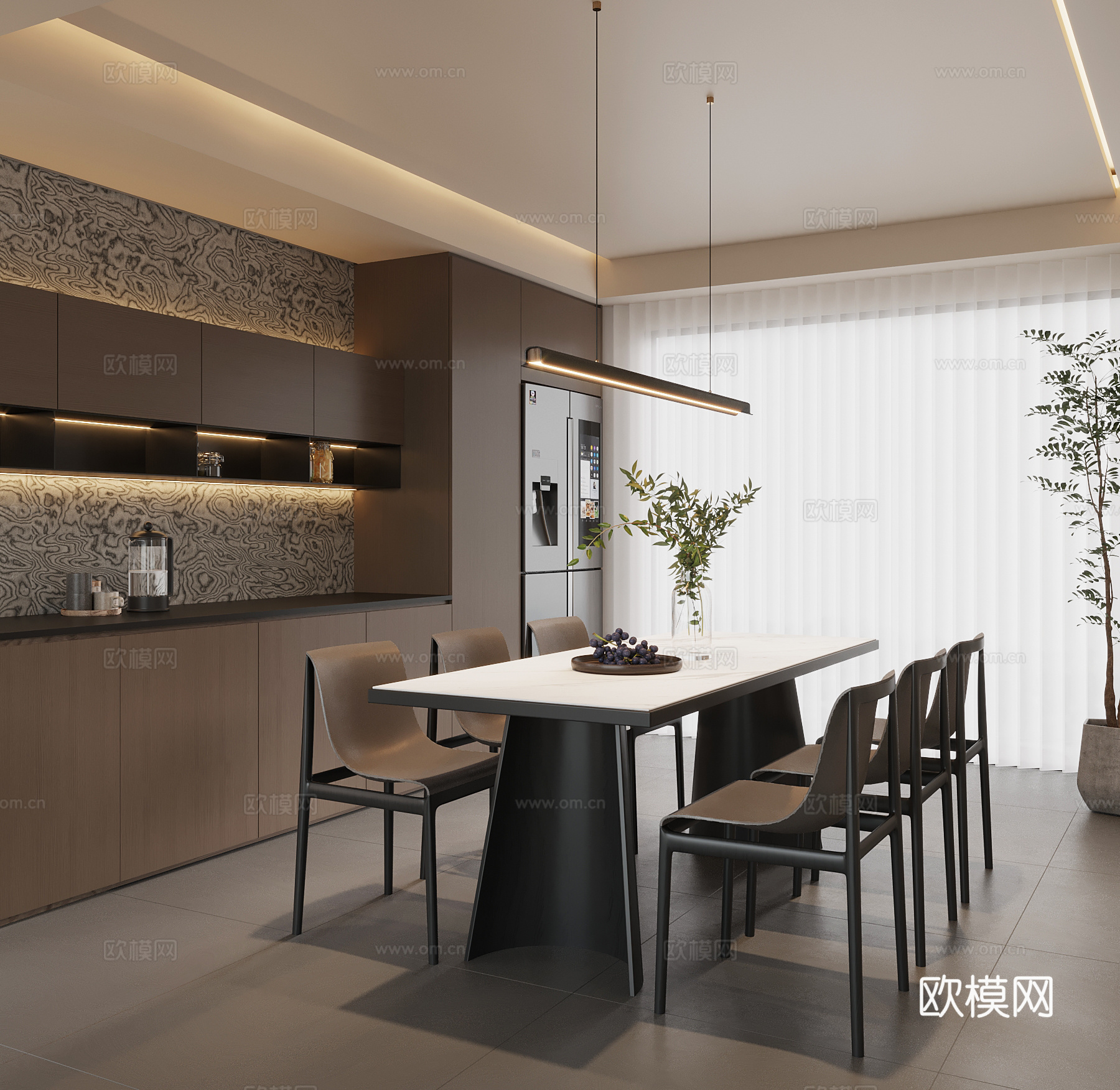 现代意式餐厅 餐桌椅 酒柜su模型