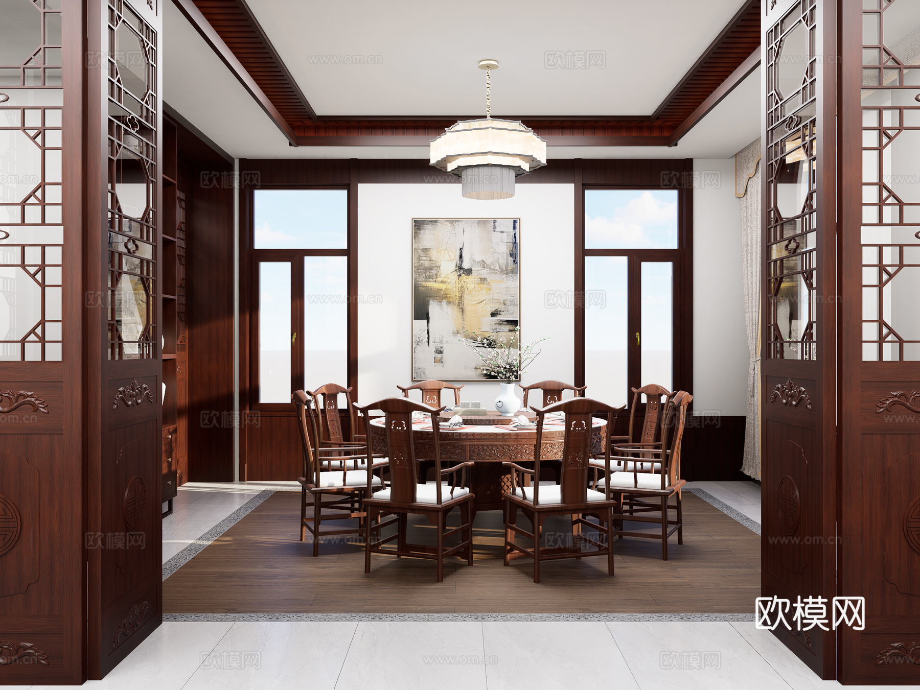 新中式家居餐厅 新中式圆形餐桌椅 中式餐边柜 新中式隔断3d模型下载（渲染图4）