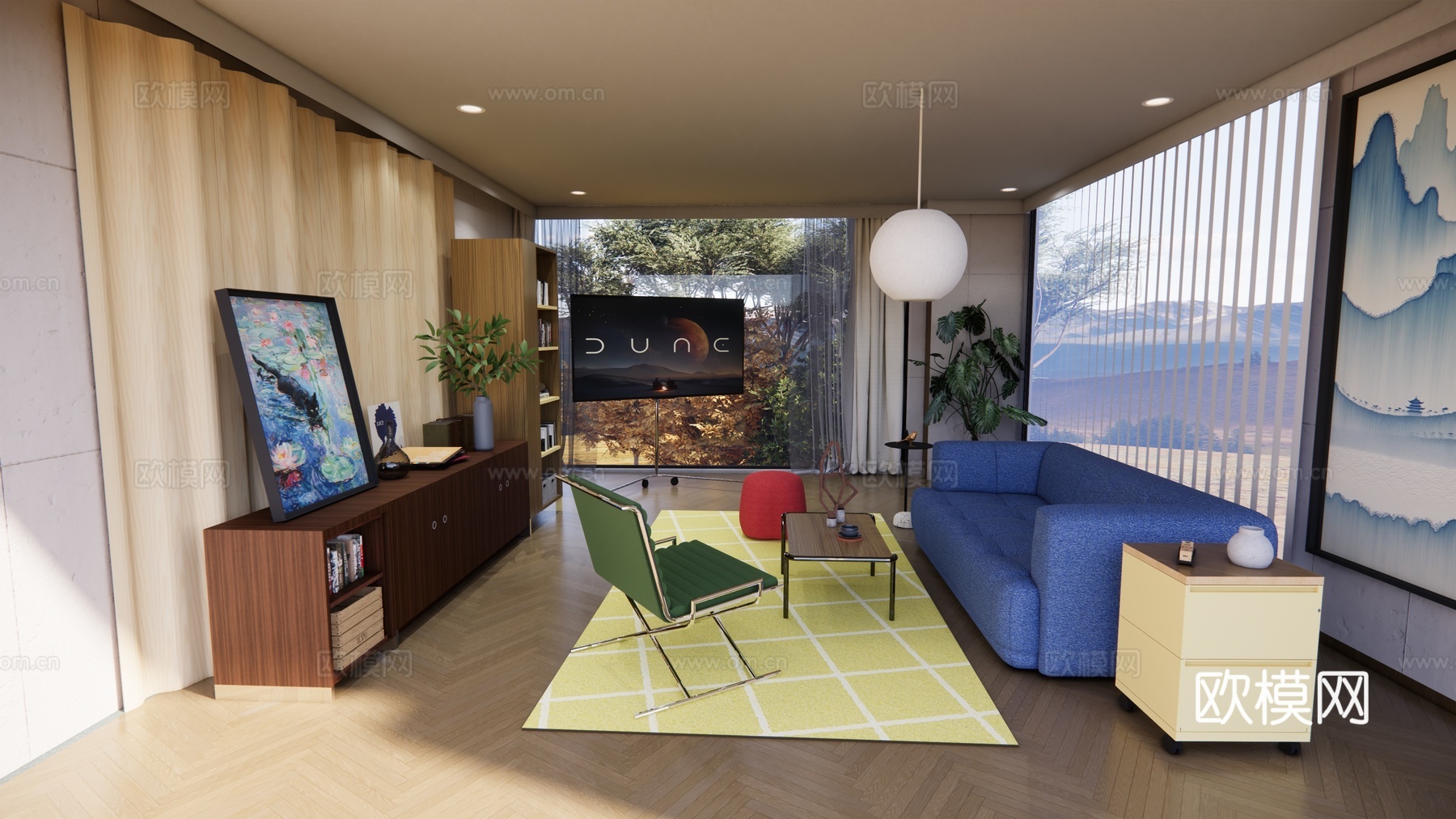 充满生活气息的设计 简约与功能性融合，丰富的色彩搭配客厅空间su模型