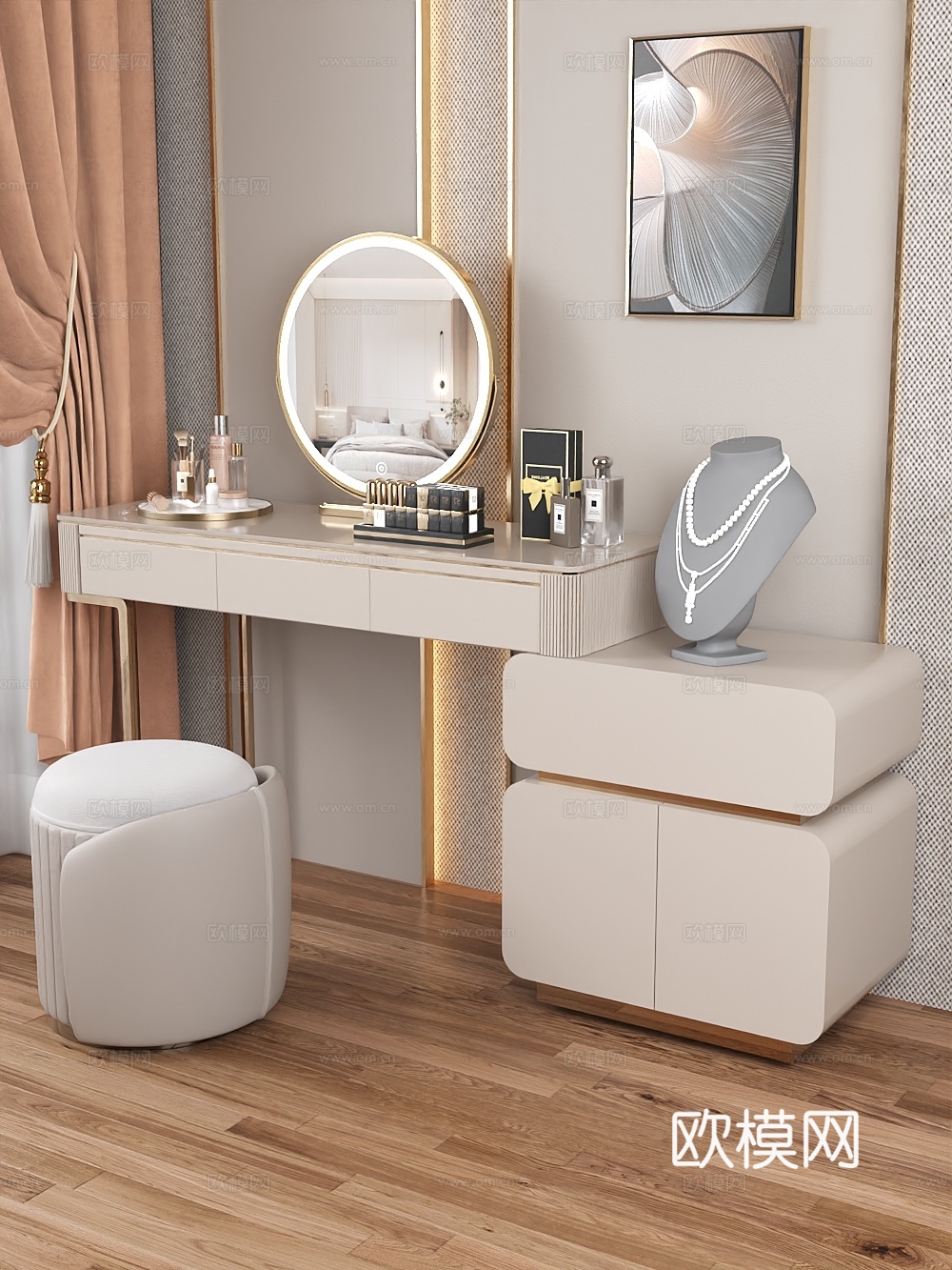 奶油风梳妆台3d模型下载（渲染图1）