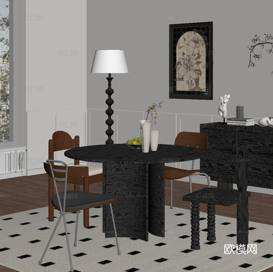 中古风茶台 餐桌椅 落地灯su模型