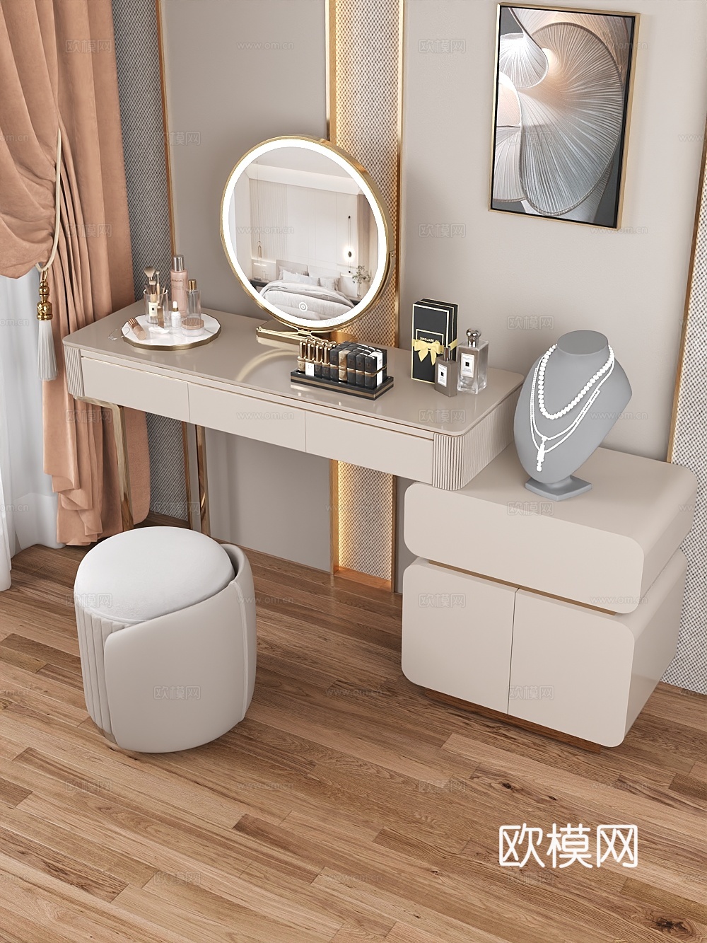 奶油风梳妆台3d模型下载（渲染图2）