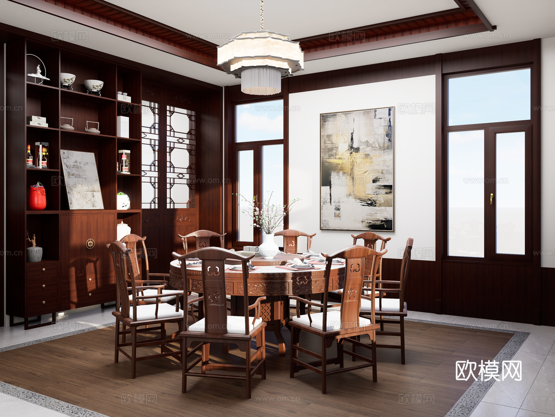 新中式家居餐厅 新中式圆形餐桌椅 中式餐边柜 新中式隔断3d模型下载（渲染图2）