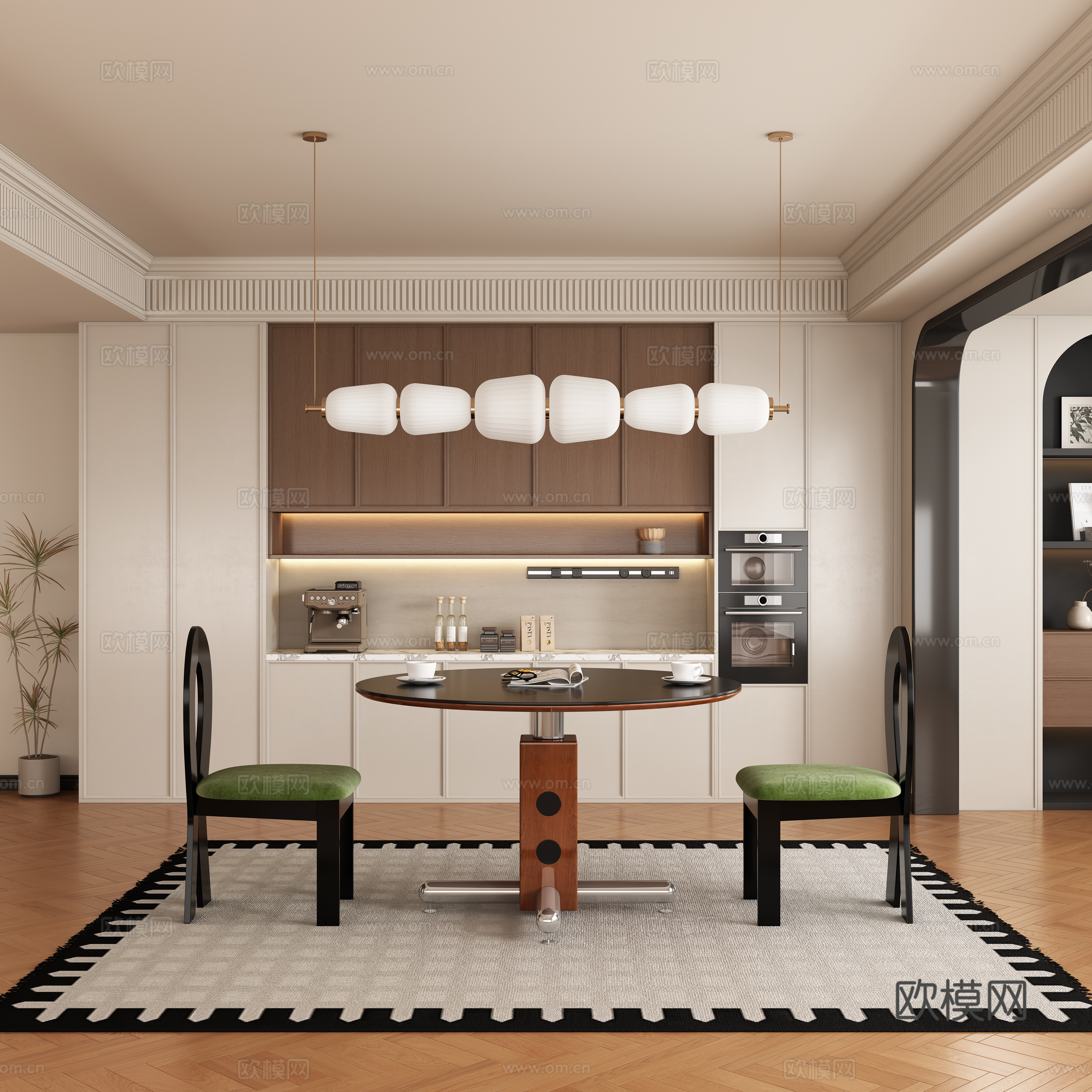 现代中古风餐厅 餐桌椅3d模型下载