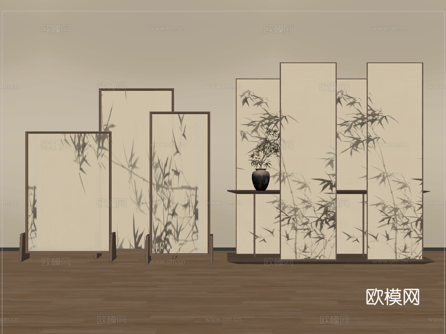 新中式屏风隔断  木屏风 隔断su模型