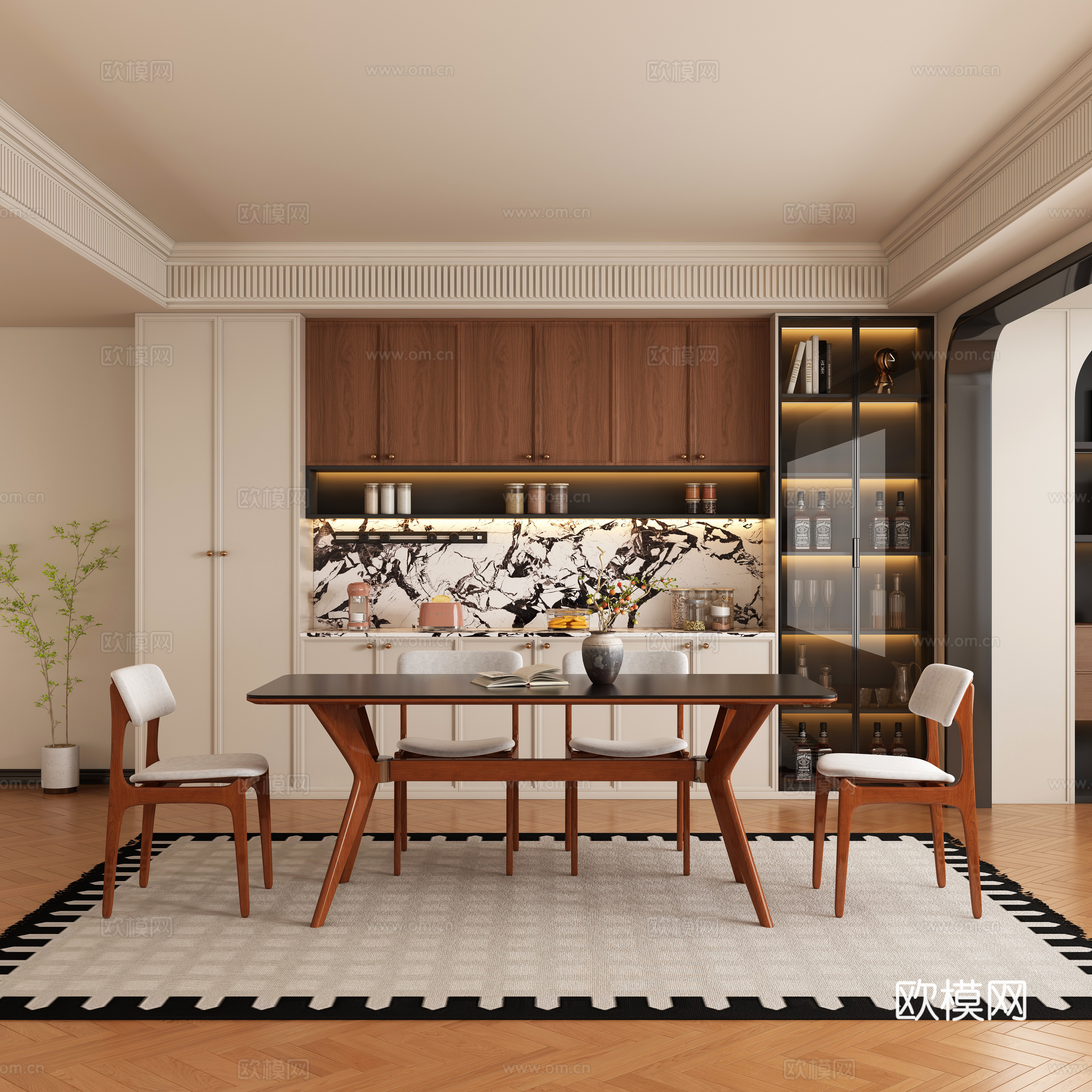 现代中古风餐厅 餐桌椅3d模型下载