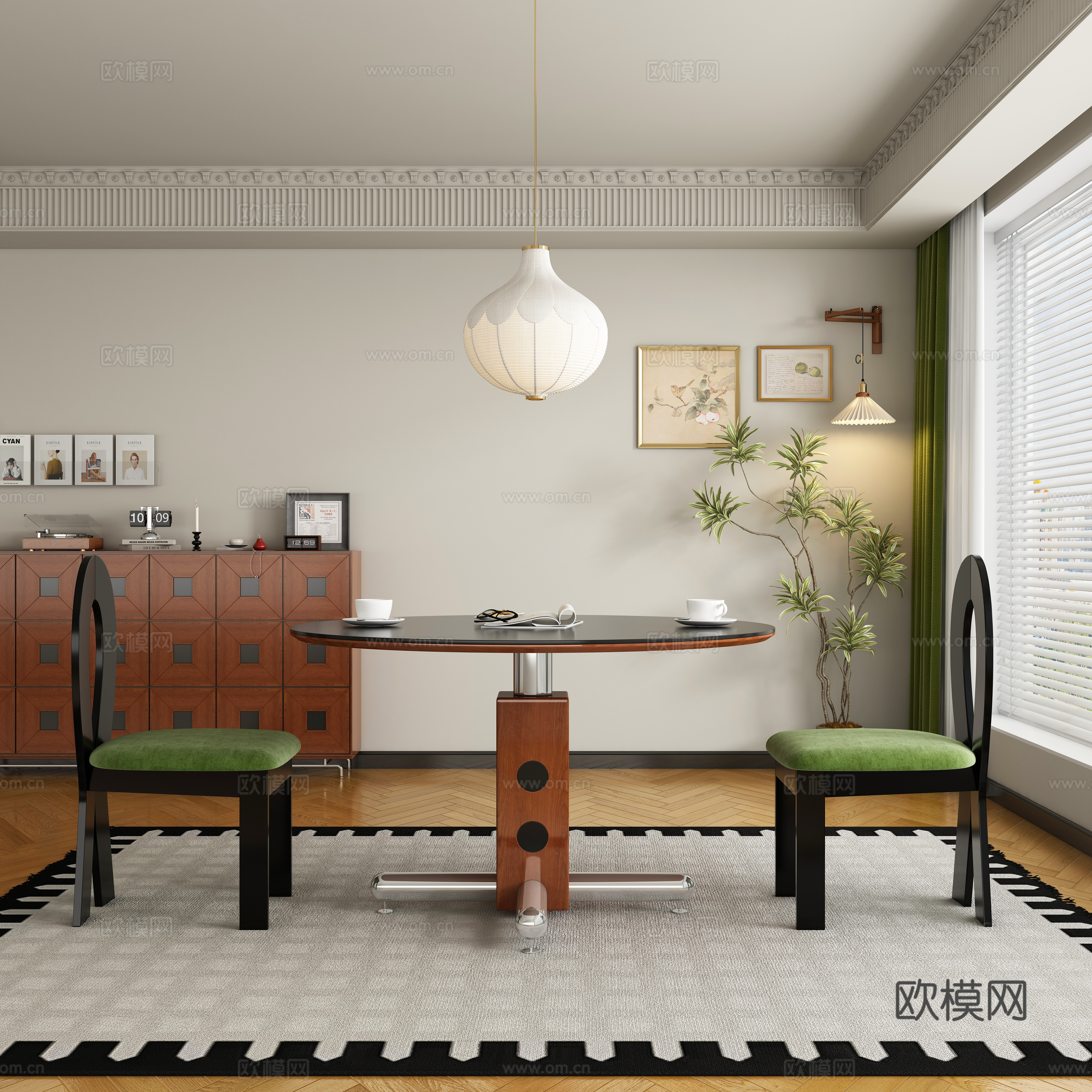 现代中古风餐厅 餐桌椅3d模型下载