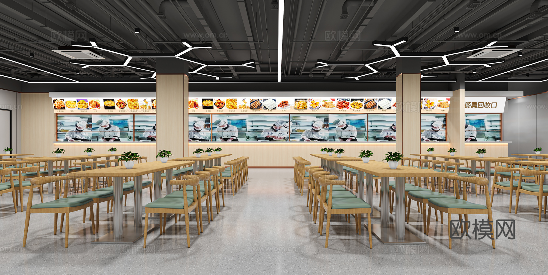 现代食堂 员工餐厅 职工食堂 学生食堂 学生餐厅 自助餐厅3d模型下载（渲染图1）