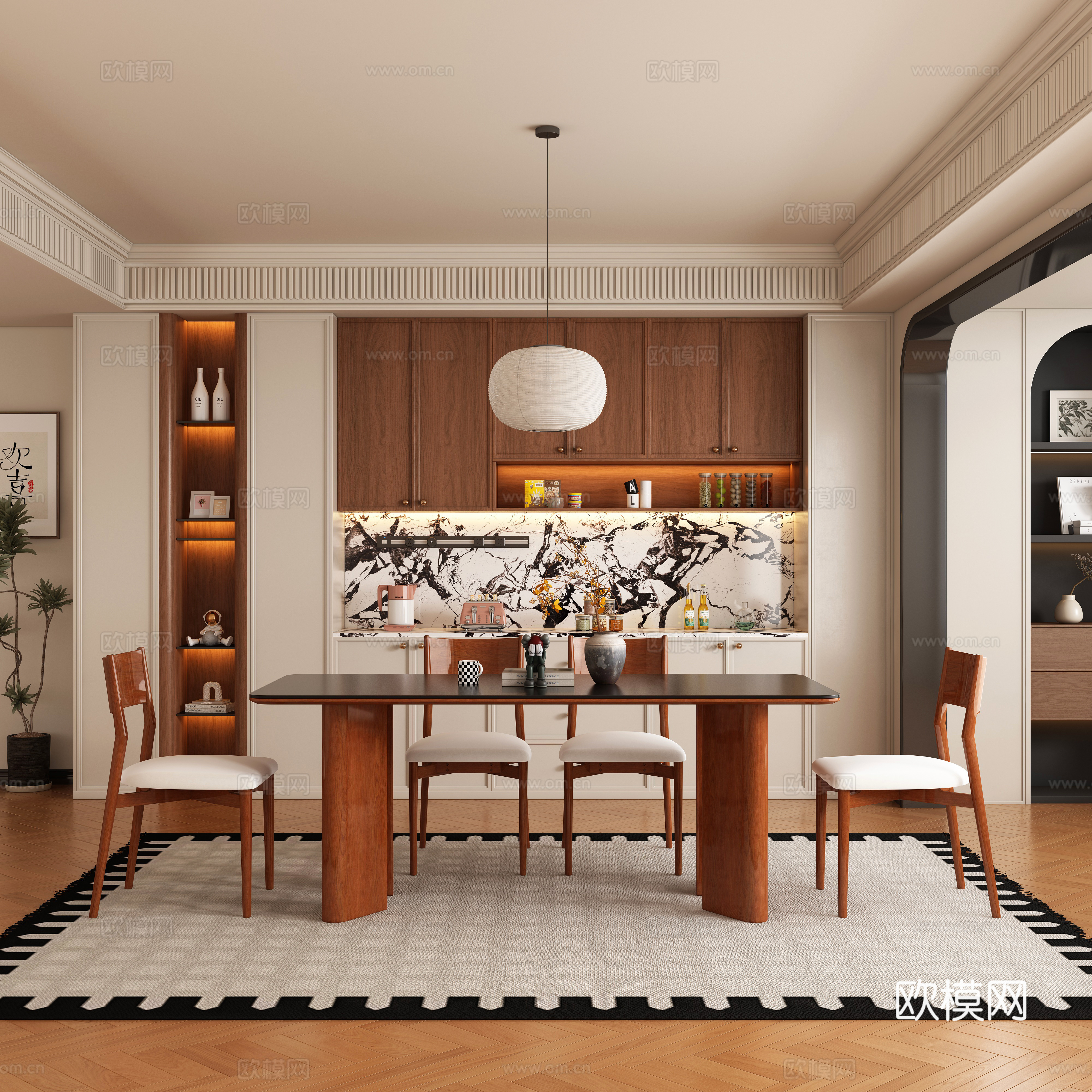 现代中古风餐厅 餐桌椅3d模型下载