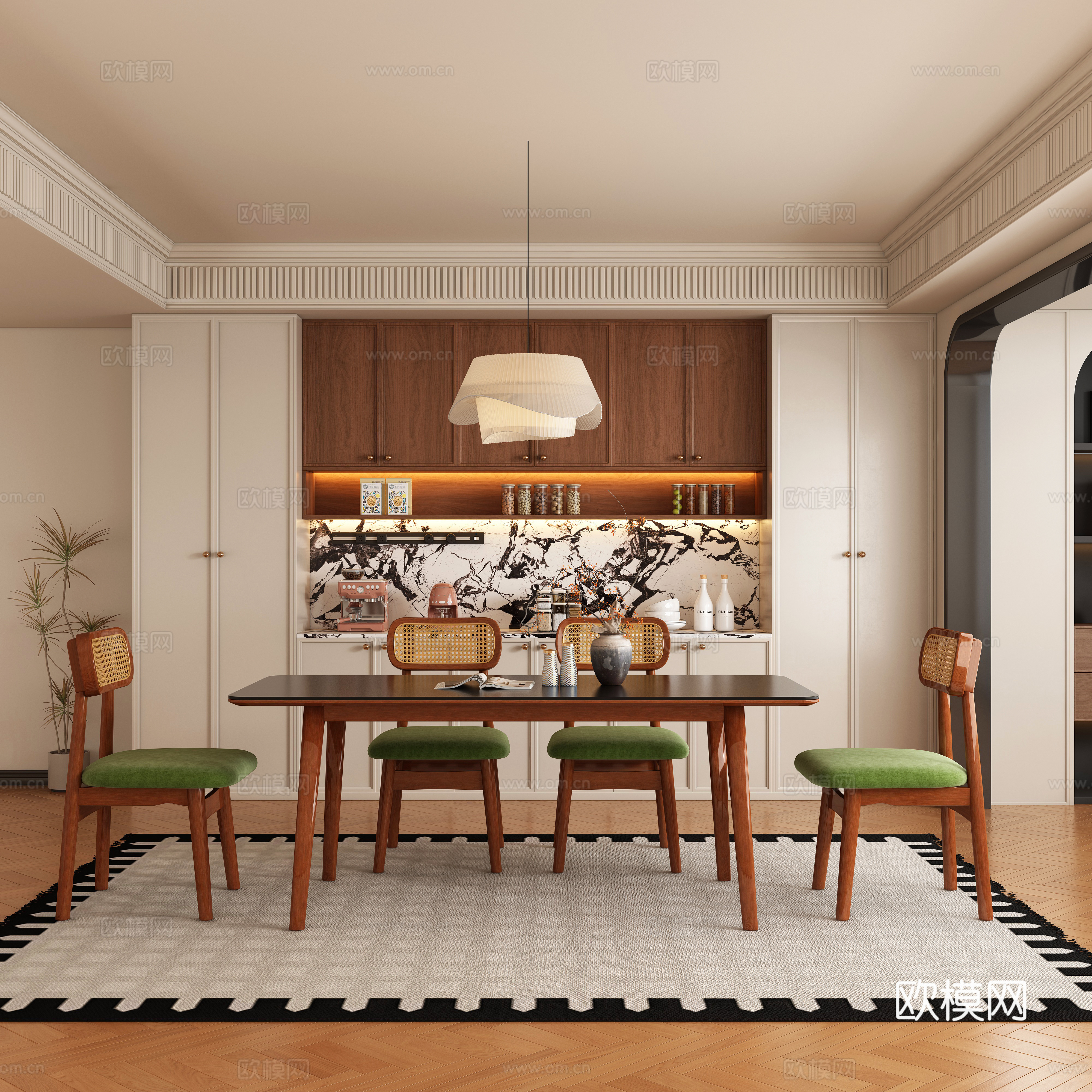 现代中古风餐厅 餐桌椅3d模型下载
