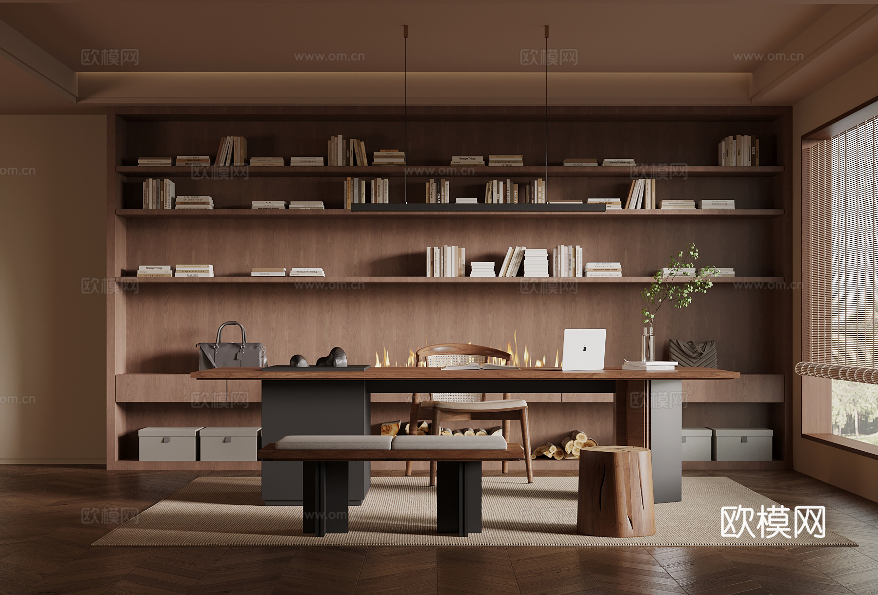 中古风书房 书柜 书桌椅3d模型下载