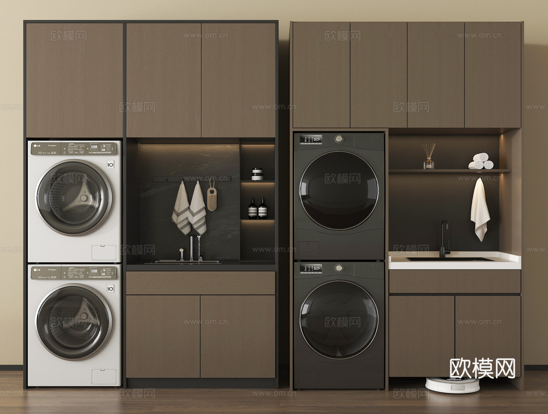 现代洗衣机柜 洗衣机 烘干机 阳台柜 卫浴用品 扫地机器人3d模型下载