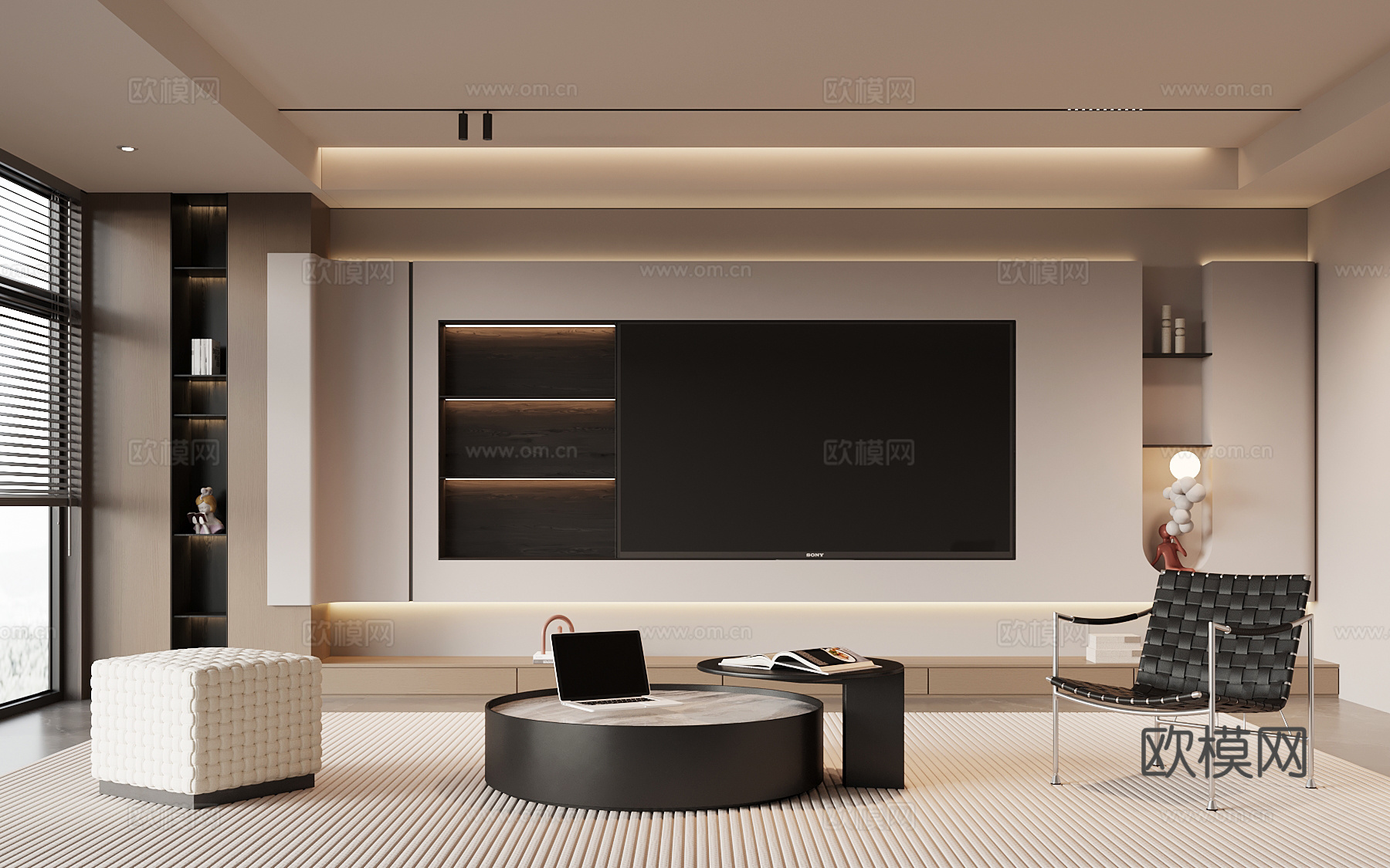 现代意式客厅 电视背景墙 茶几su模型