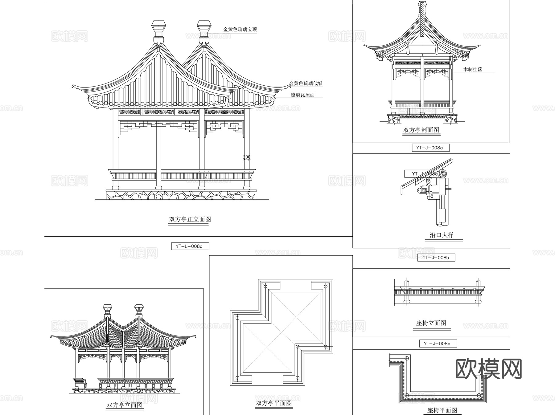双亭休闲景观亭CAD施工图详图集 12套cad施工图