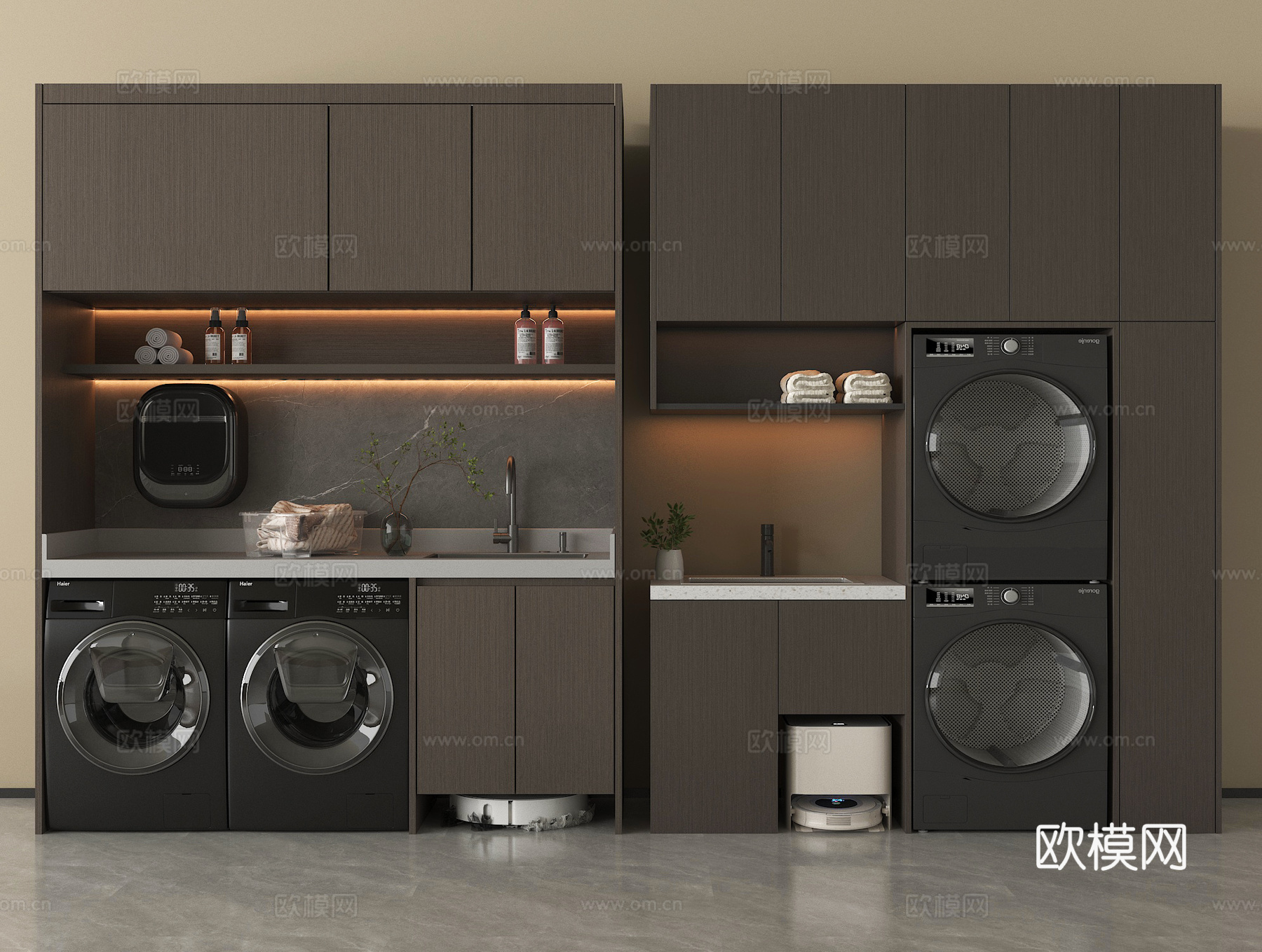 现代洗衣机柜 洗衣机 烘干机 阳台柜 卫浴用品 扫地机器人3d模型下载