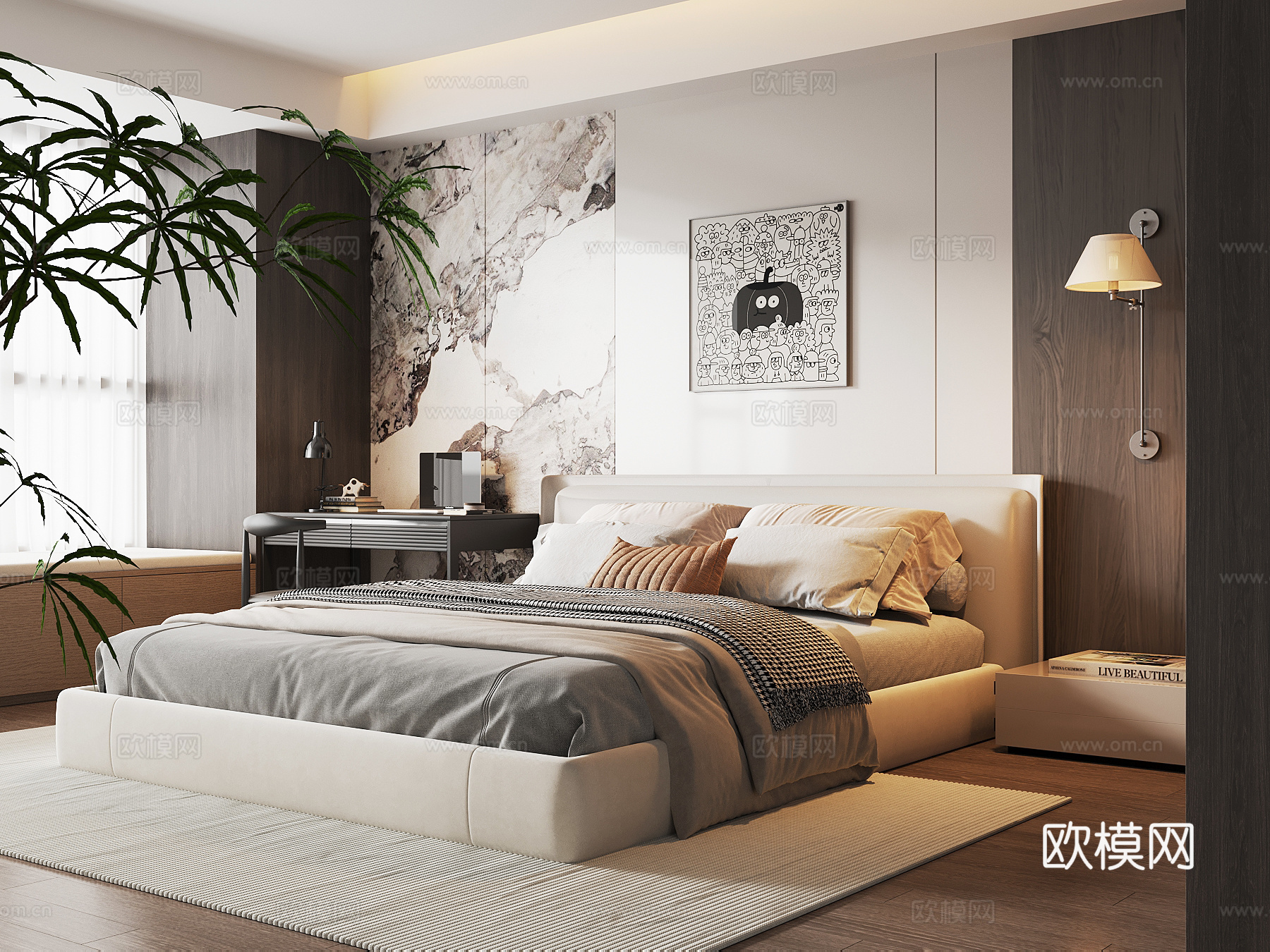 现代卧室 双人床 书桌椅3d模型下载