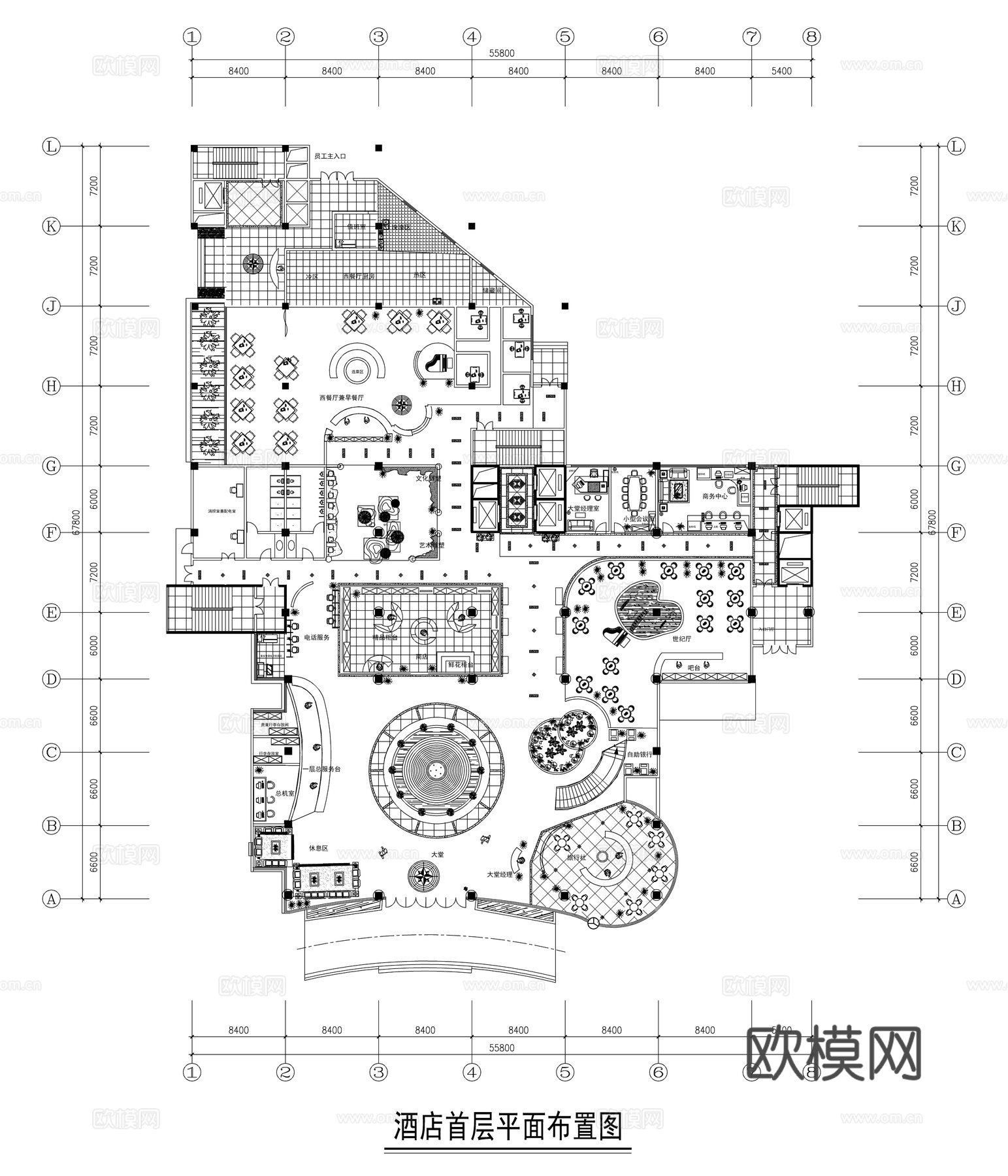 现代酒店大堂 西餐厅平面方案图cad施工图