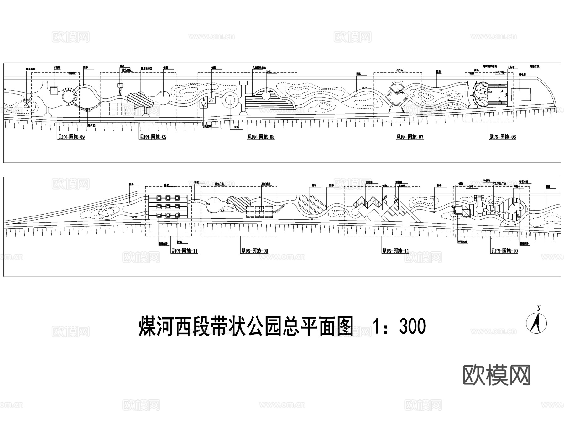 唐山煤河西端带状公园景观CAD施工图集cad施工图
