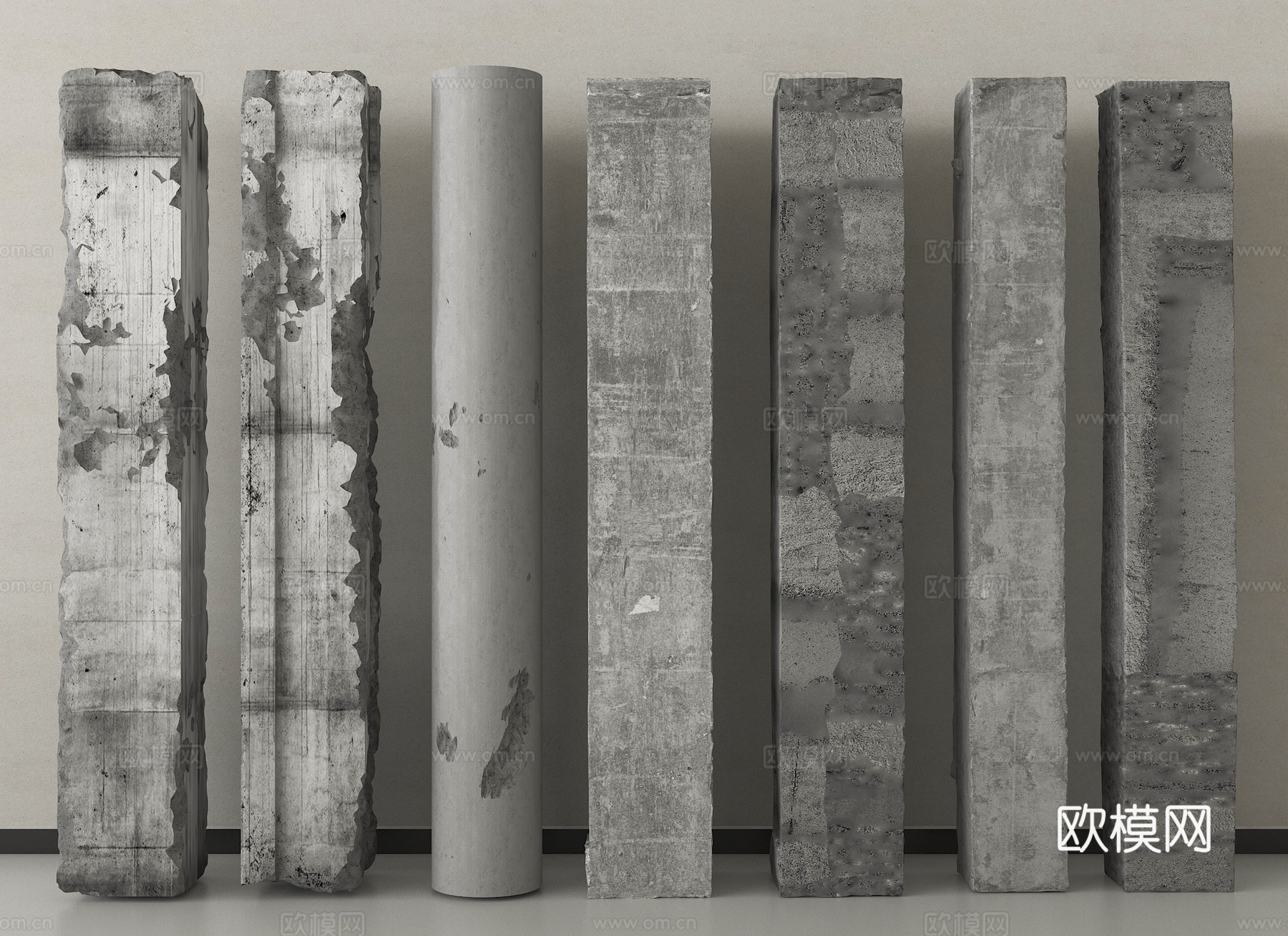 现代水泥柱子 混凝土柱子 破损柱子3d模型下载