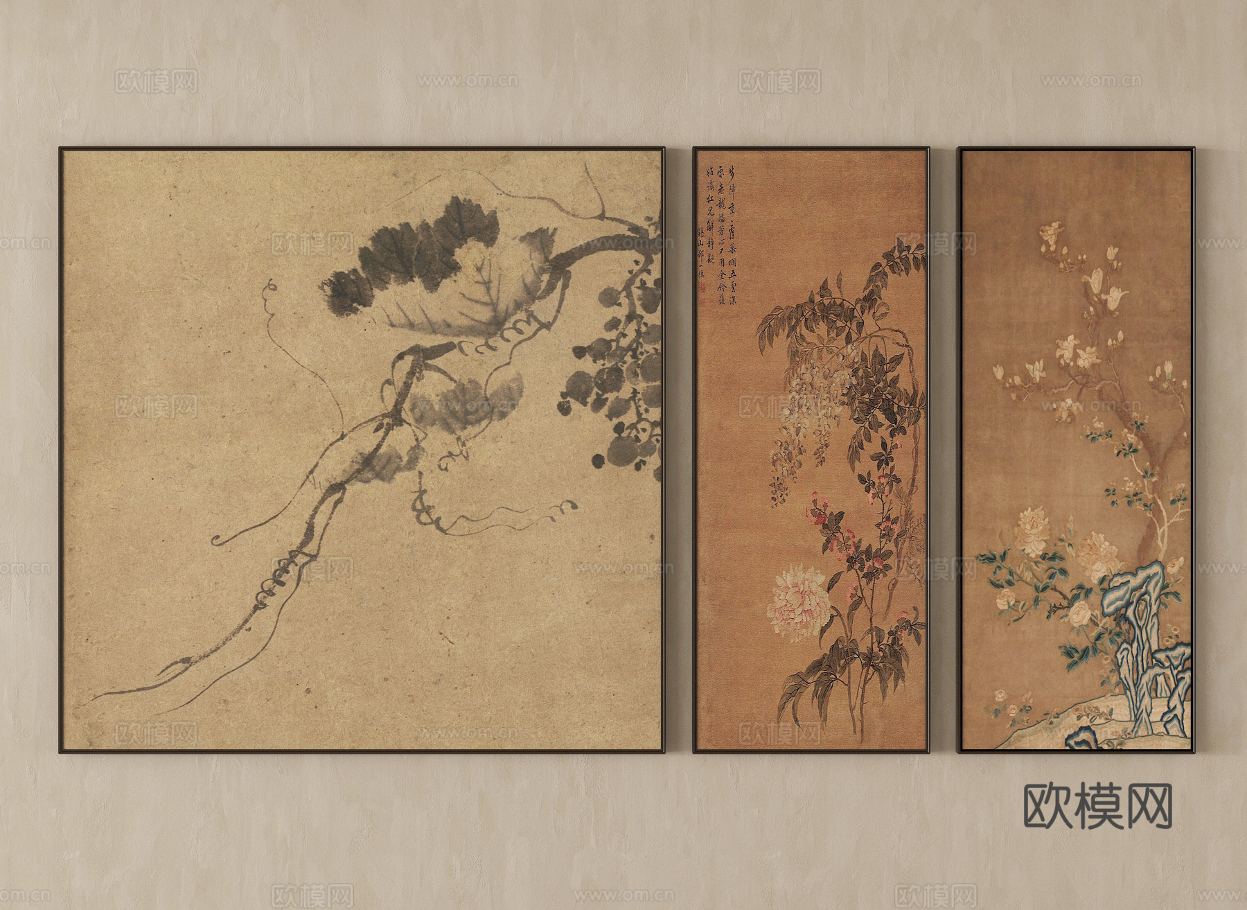 新中式挂画组合  字画 装饰画su模型